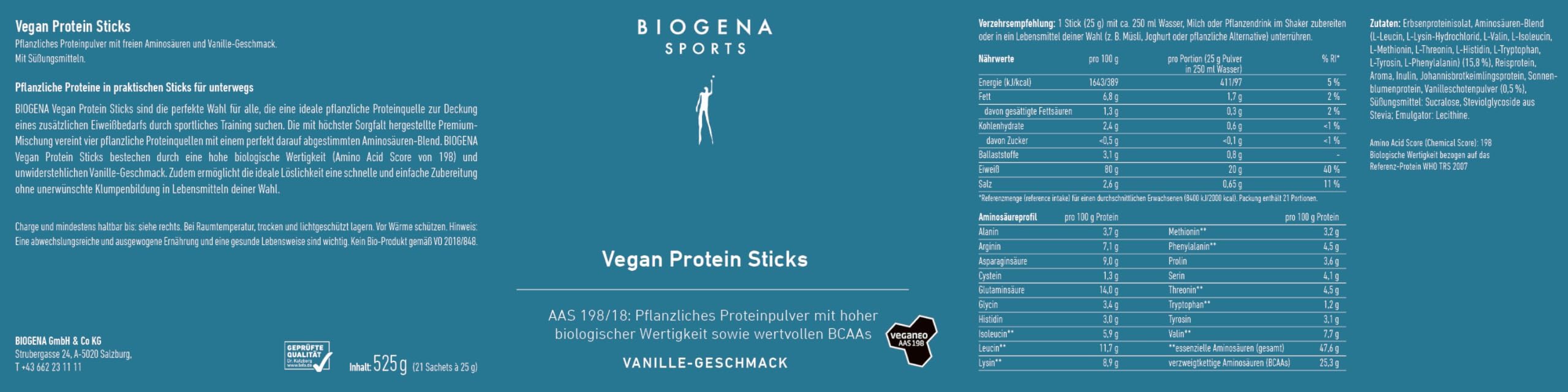 BIOGENA SPORTS Vegan Protein Sticks - 20g Eiweiß pro Stick- Vanille-Geschmack - Ohne Soja ohne Zuckerzusatz - Veganes Proteinpulver für unterwegs - Made in Austria - 525g