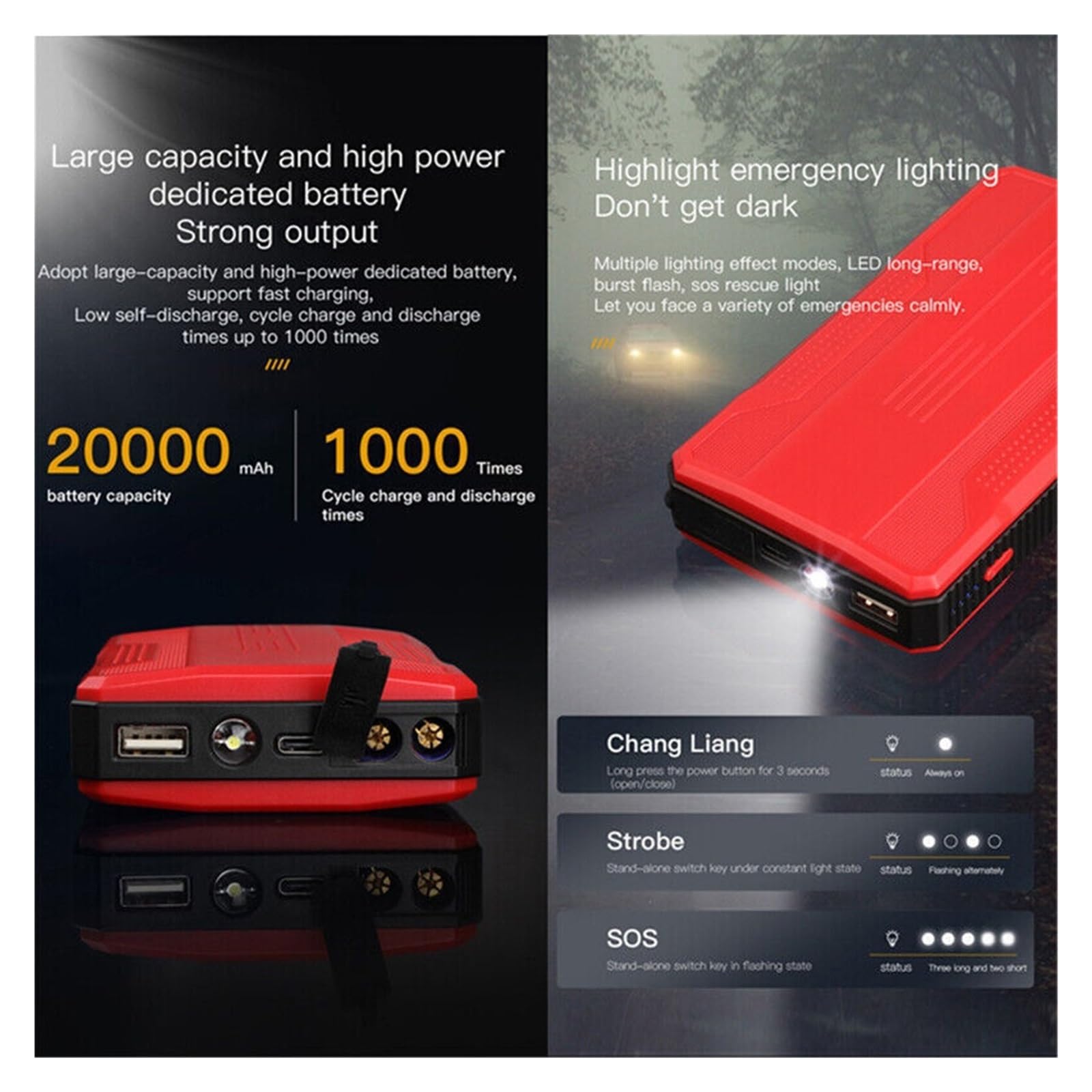 20000mAh Akumulator Samochodowy O Dużej Mocy Urządzenie Do Awaryjnego Uruchamiania Przenośny Wzmacniacz Do Akumulatora Samochodowego Ładowarka Booster Power Bank Urządzenie Startowe Port USB Szybkie I
