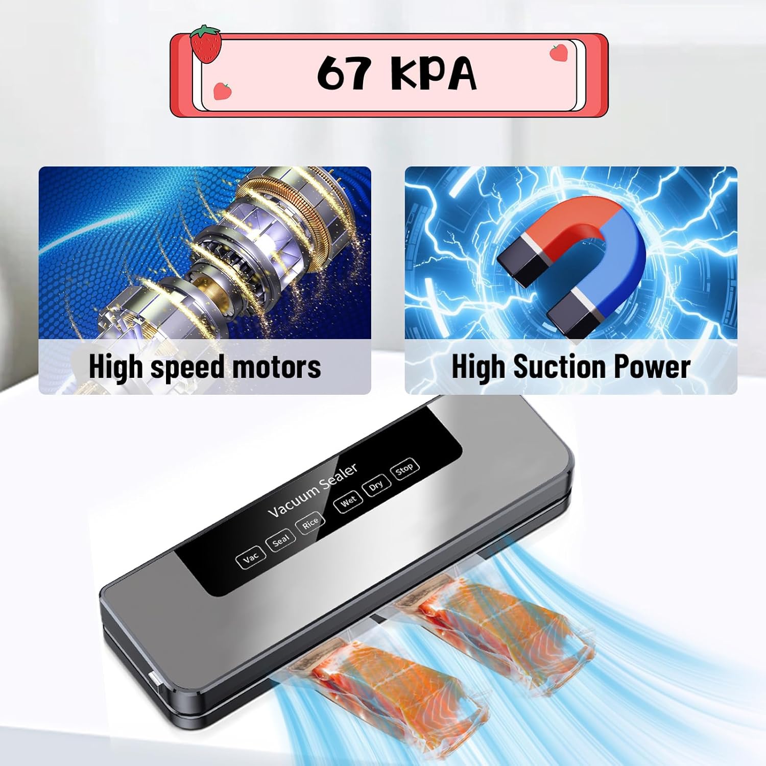 Food Vacuum Sealer Machine, 85KPA Strong Suction Power for Food Preservation, 120W Automatic Vacuum Air Sealing System with Detachable Base for Easy Clean, Compact Design, Quiet, Dry Moist Modes