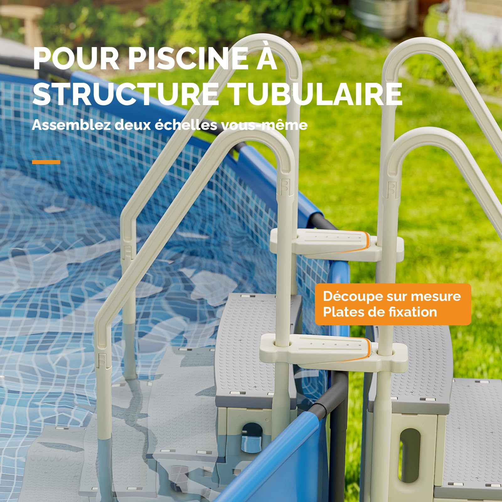 BONNLO Échelle de Piscine Antidérapante PE, Escalier de Piscine, Adaptée aux Piscines Hors Sol et Creusées Intérieur Extérieur, Blanc Cassé (Blanc + Pédale Grise, 4)