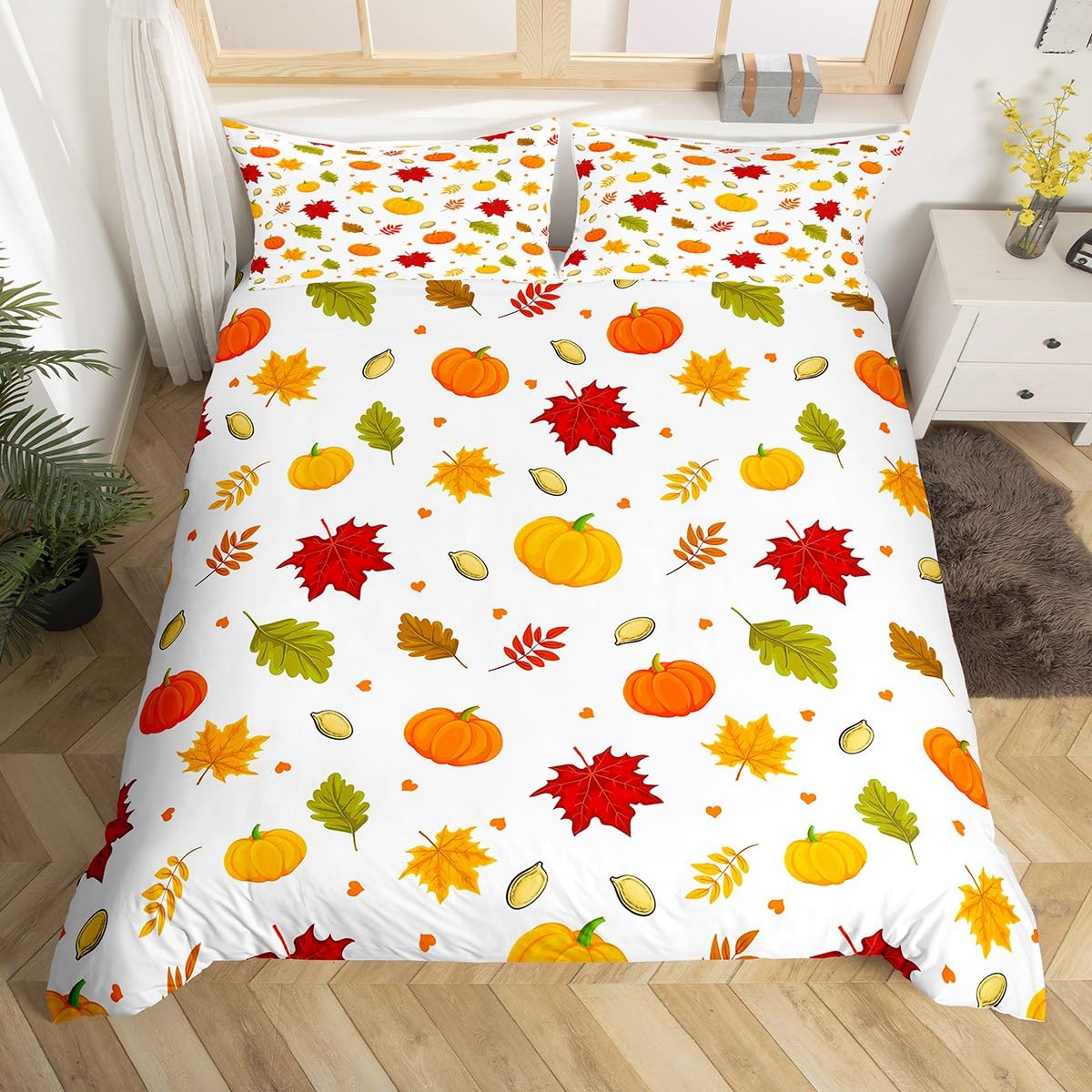 Housse De Couette Automne 90x190 Cm - Motif Citrouille Et Feuilles D'Érable - 2 Taies 65x65 Cm - Microfibre Douce