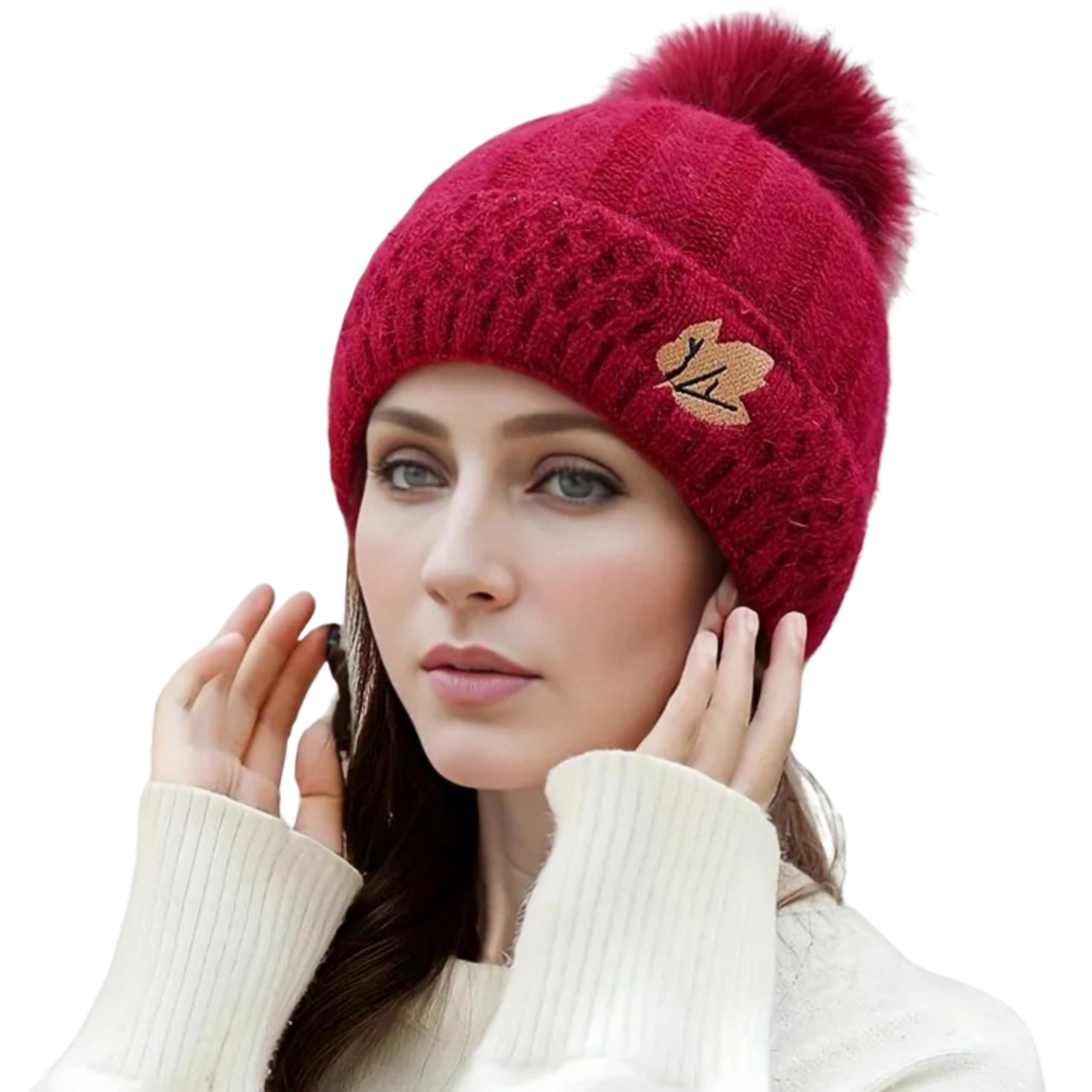 Women Winter Cap for Women Cute Leaf Embroidery Beanie with Pompom Double Layers (Soft Warm Cotton Inside) Knit caps Beanies Lightweight Skull Cap for Women Daily Use Autumn & Winter-image-3
