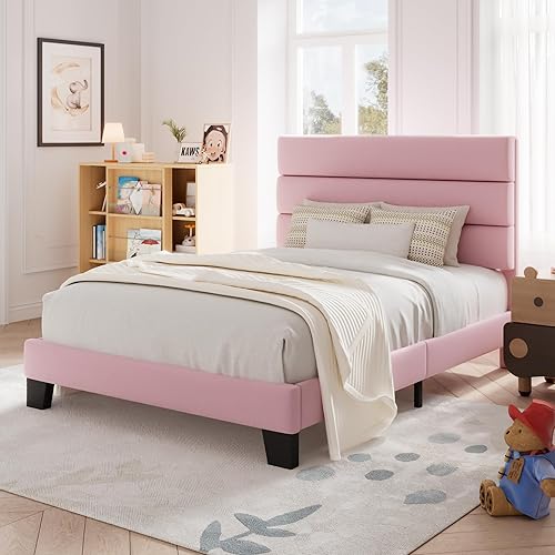 Miniatura 78 de Allewie - Base de cama tamaño King con cabecera tapizada en tela y soporte de listones de madera; base de colchón completamente tapizada; no Azul