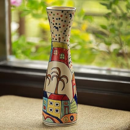 ExclusiveLane 'The Hut Long-Neck' Hand-Painted Artifacts for Living Room & Home Decorative Ceramic Flower Vase (9.9 cm x 9.9 cm x 32 cm, Multicolored) (EL-006-086)
