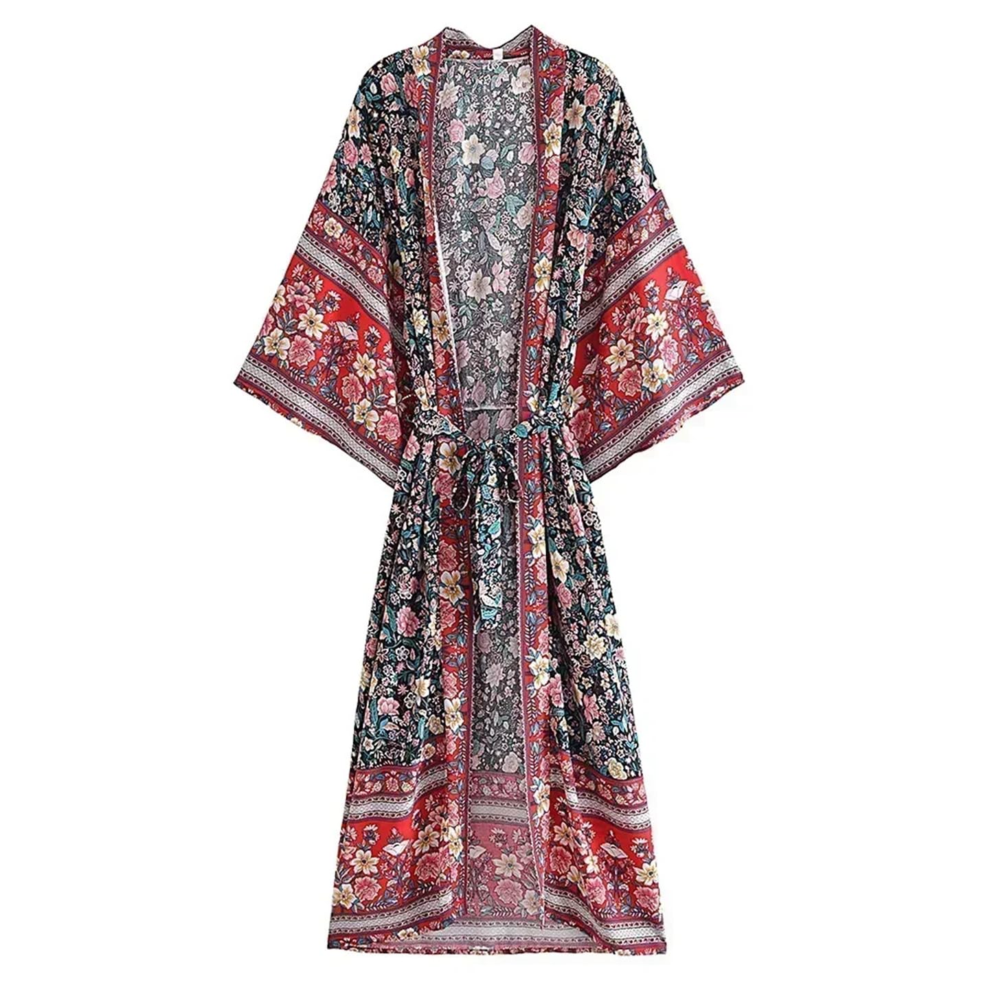 Robe de plage vintage fluide à imprimé floral rose et manches chauve-souris