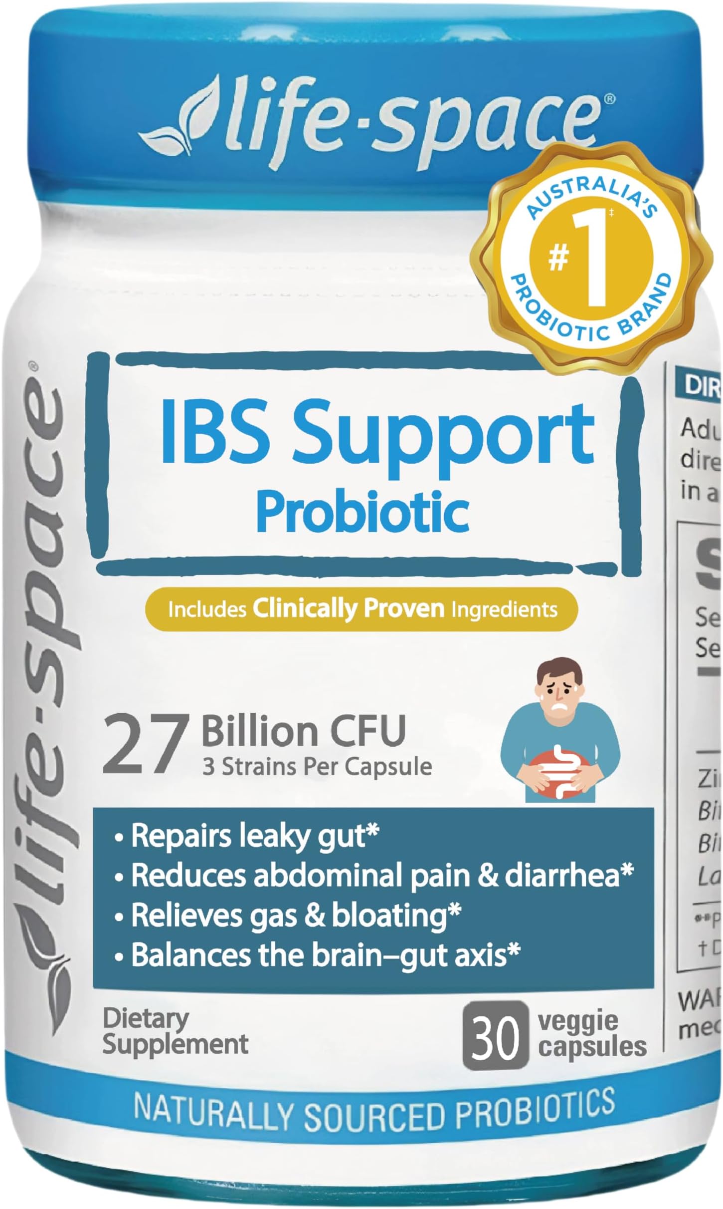 Life-Space IBS Support Probiotic, Clinically Poven to IBS Relief, 4 in 1 Probiotics for Women and Men, 27 Billion CFU, Supports Reduce Symptoms of IBS, Include Bloating, Gas & Diarrhea, 30 ct