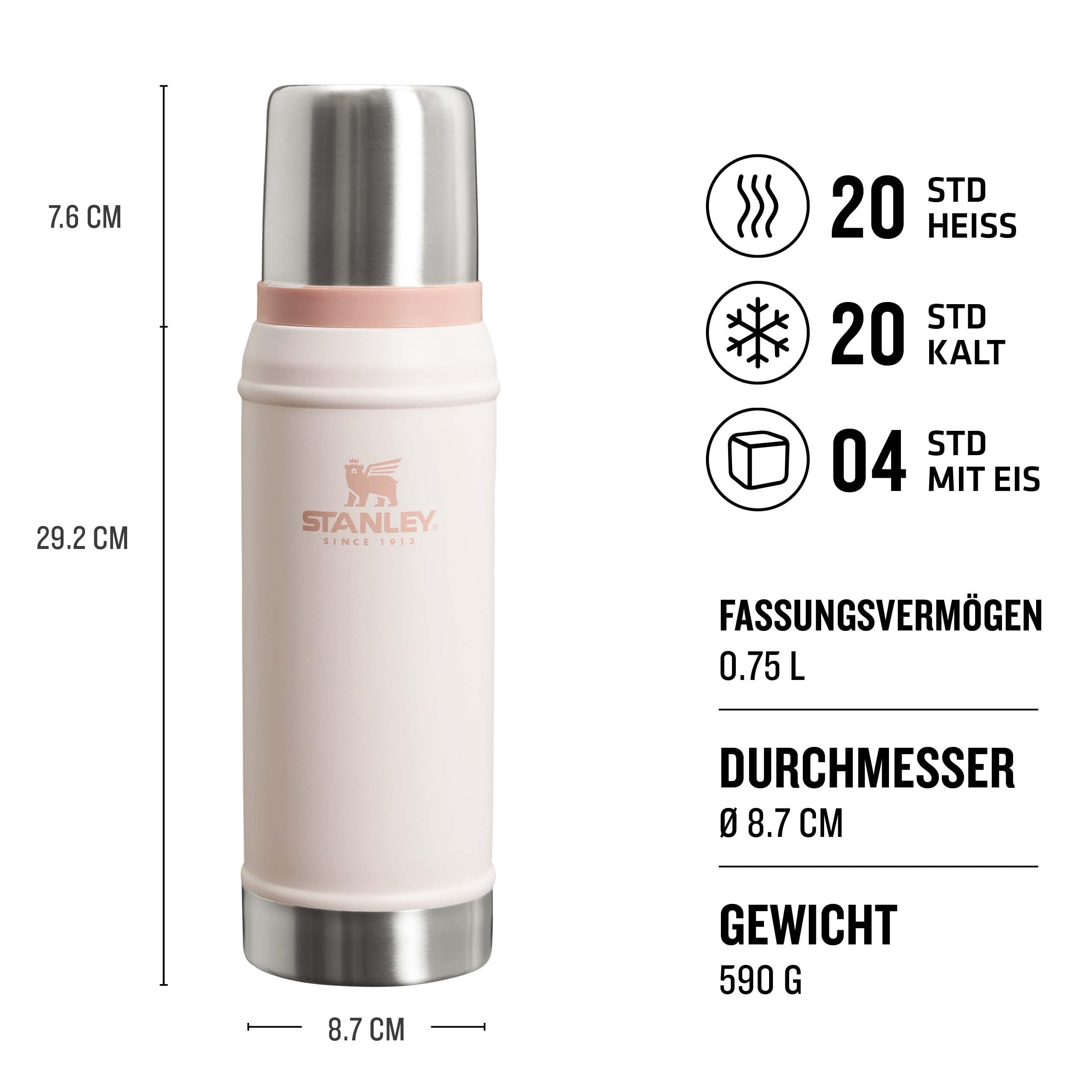Stanley 1913 Classic Legendary Thermosflasche 750 ml - Rose Quartz | Hält 20 Std. heiß oder kalt - Auslaufsicher - BPA-frei - Deckel dient als Becher