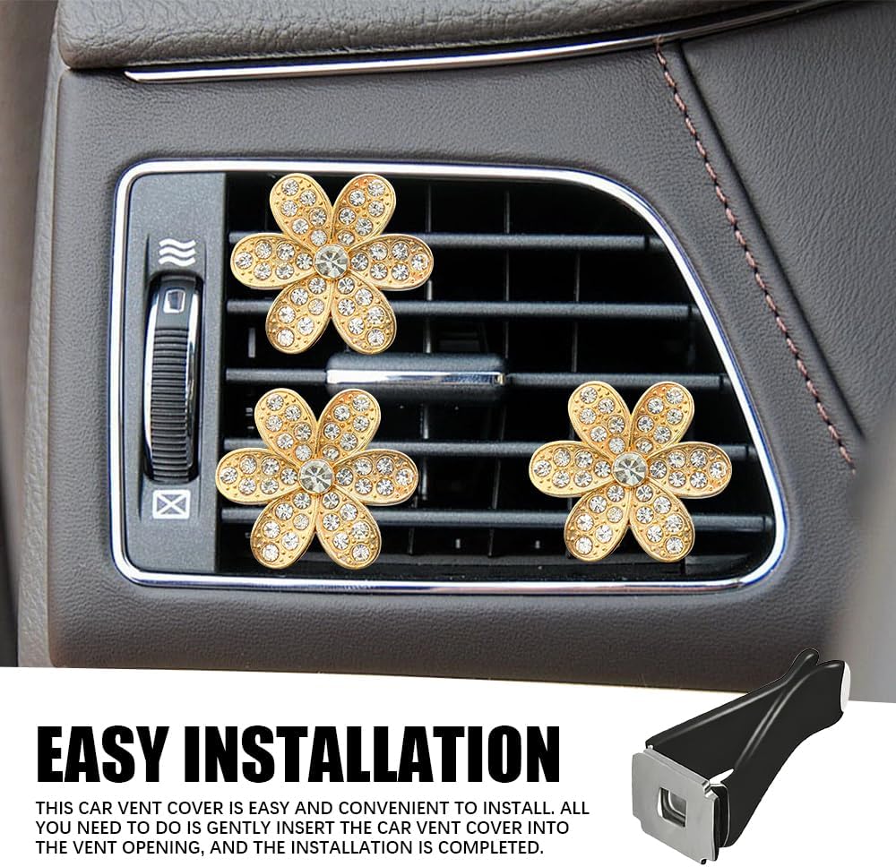 5PCS Bling Flower Air Vent Clips, Vent Clips Car Accessories, Cute Crystal Rhinestone Vehicle Air Conditioning Outlet Clamps, Diamond Auto Decor Universal for SUV Truck RV (Gold) image 5