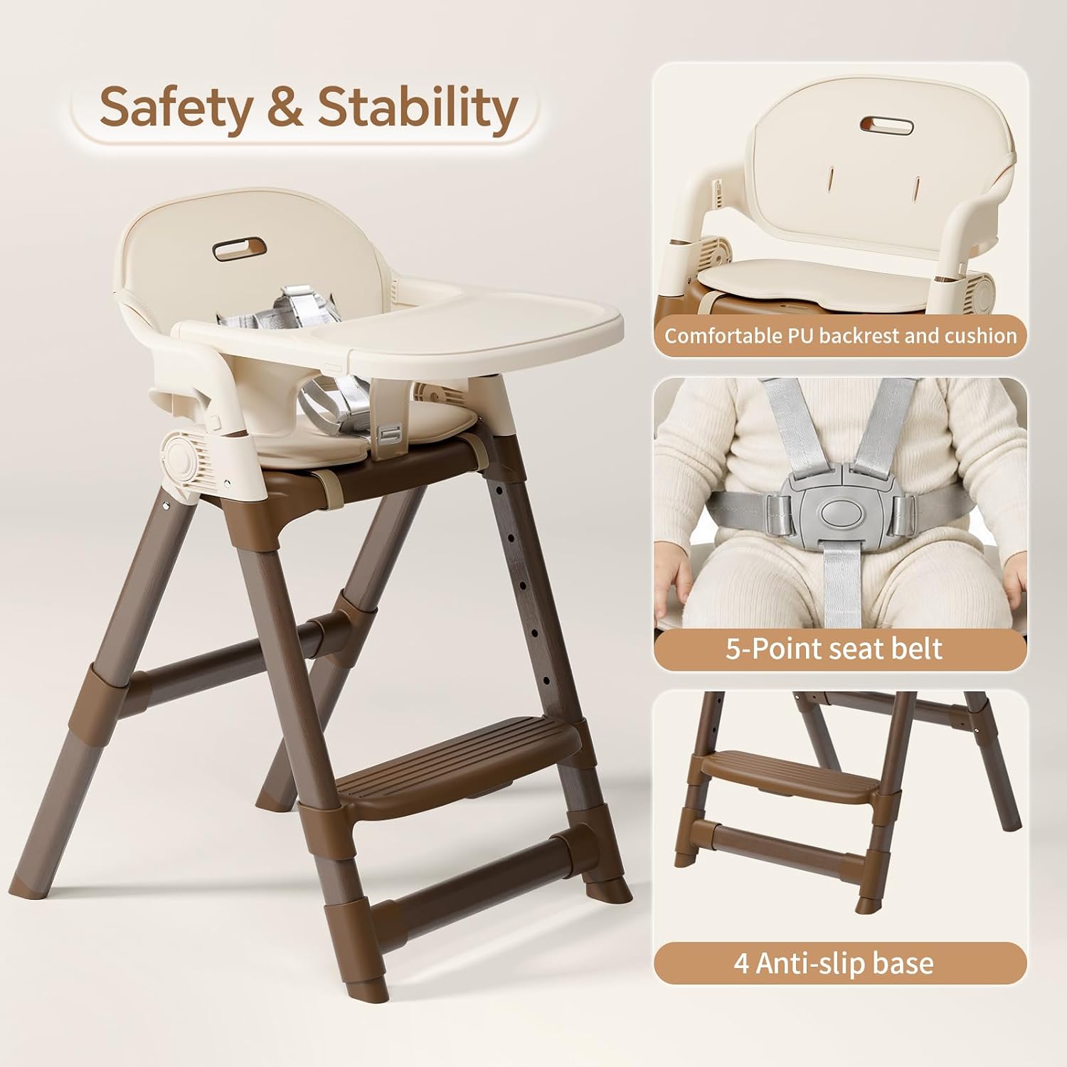 High Chair for Babies and Toddlers, Convertible Baby High Chair with Easy Clean Removable Tray, Multi-Use Foldable Highchair with Adjustable Legs (Beige)