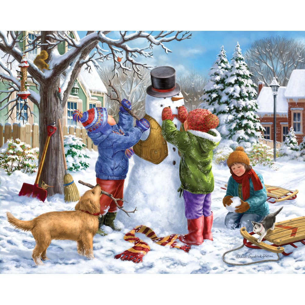 Bits and Pieces - 500 Piece Jigsaw Puzzle for Adults - Building a Snowman on a Snow Day - Winter Scene Jigsaw Puzzle by Artist Liz Goodrick - Dillon, Completed Puzzle Size: 18" x 24"