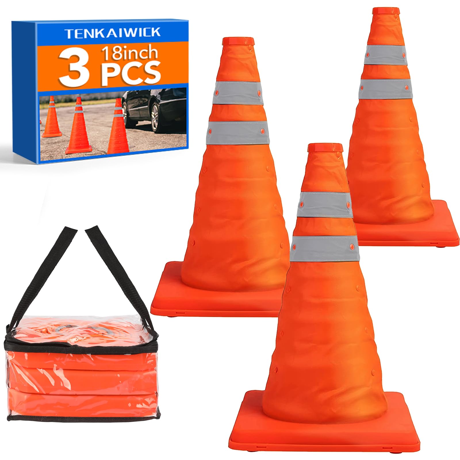 Photo 1 of [3 Pack]18 Inch Collapsible Traffic Safety Cones with Storage Bag- Parking Cones with Reflective Collars for Road Safety, Orange Safety Cones for Parking lot, Driveway, Driving Training
