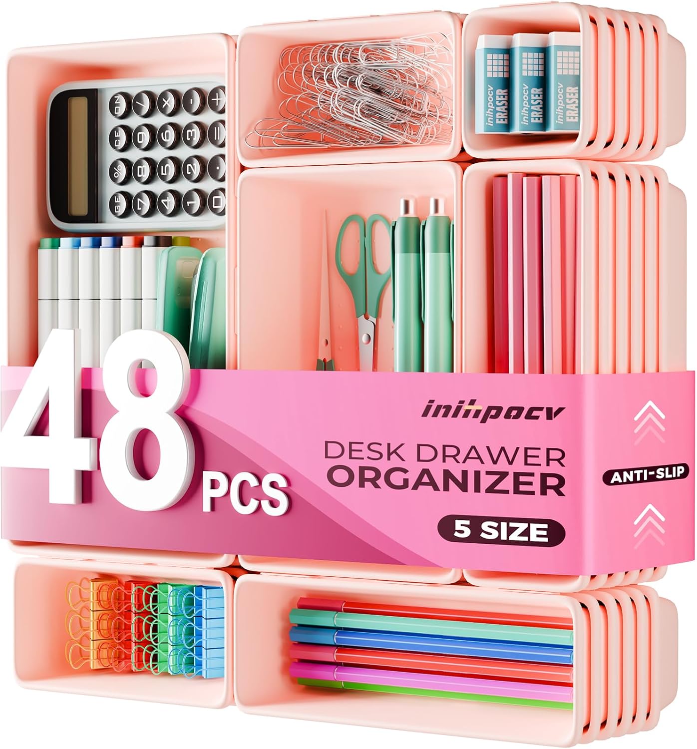 【48PCS & 5 Sizes】 Tool Box Organizer Tray, Toolbox Drawer Organizer with Non-Slip Pads, Desk Drawer Divider Set, Fits Rolling Tool Chest Cabinet for Garage & Workbench