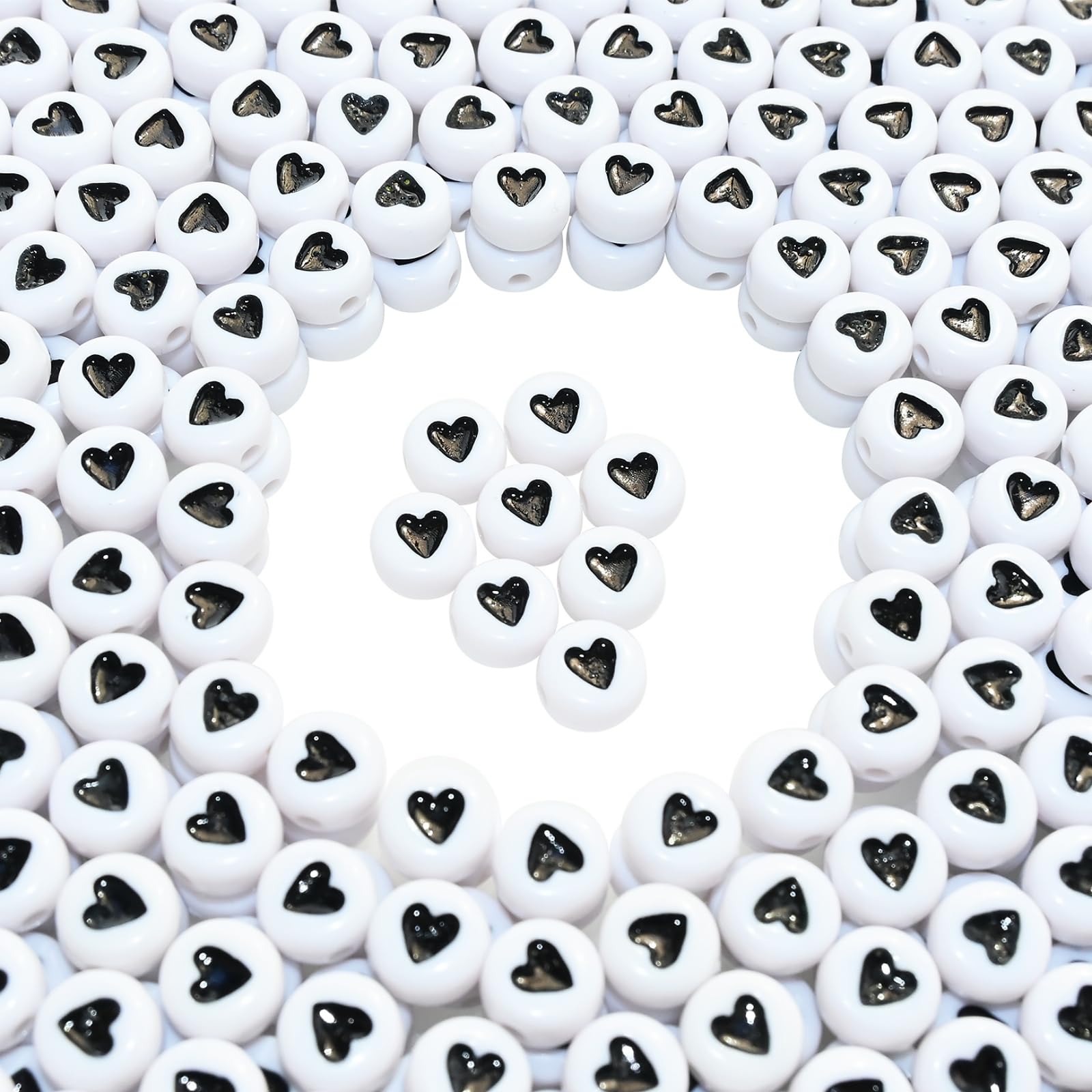 Amaney 500Pcs 7x4mm White Acrylic Black Heart sheap Round Beads Mixed Colors Plastic Loose Beads for Jewelry Making Bracelets Necklaces Key Chains