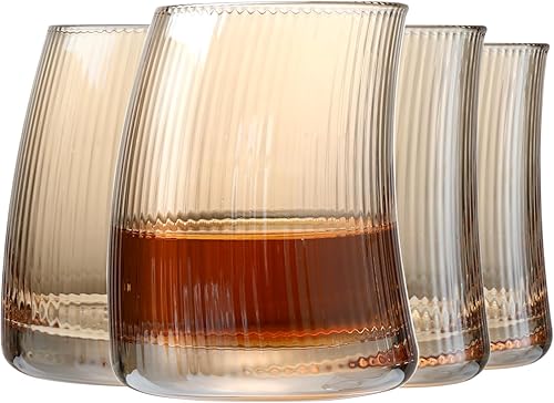 Juego de 4 vasos de whisky, vasos acanalados de 11 onzas para whisky, bourbon, escocés y jugo, elegantes, soplados a mano, regalos para Navidad