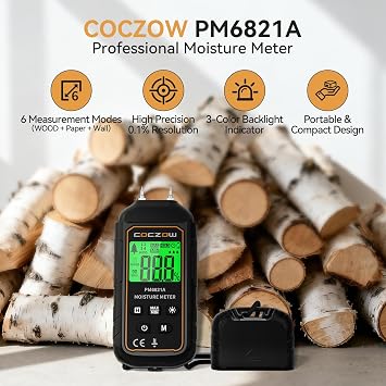 Moisture Meter - Pin-Type Damp Meter for Timber, Firewood, Flooring, Walls, Paper & Cardboard | Colour Backlit LCD, Data Hold, MAX/MIN, Auto Power Off