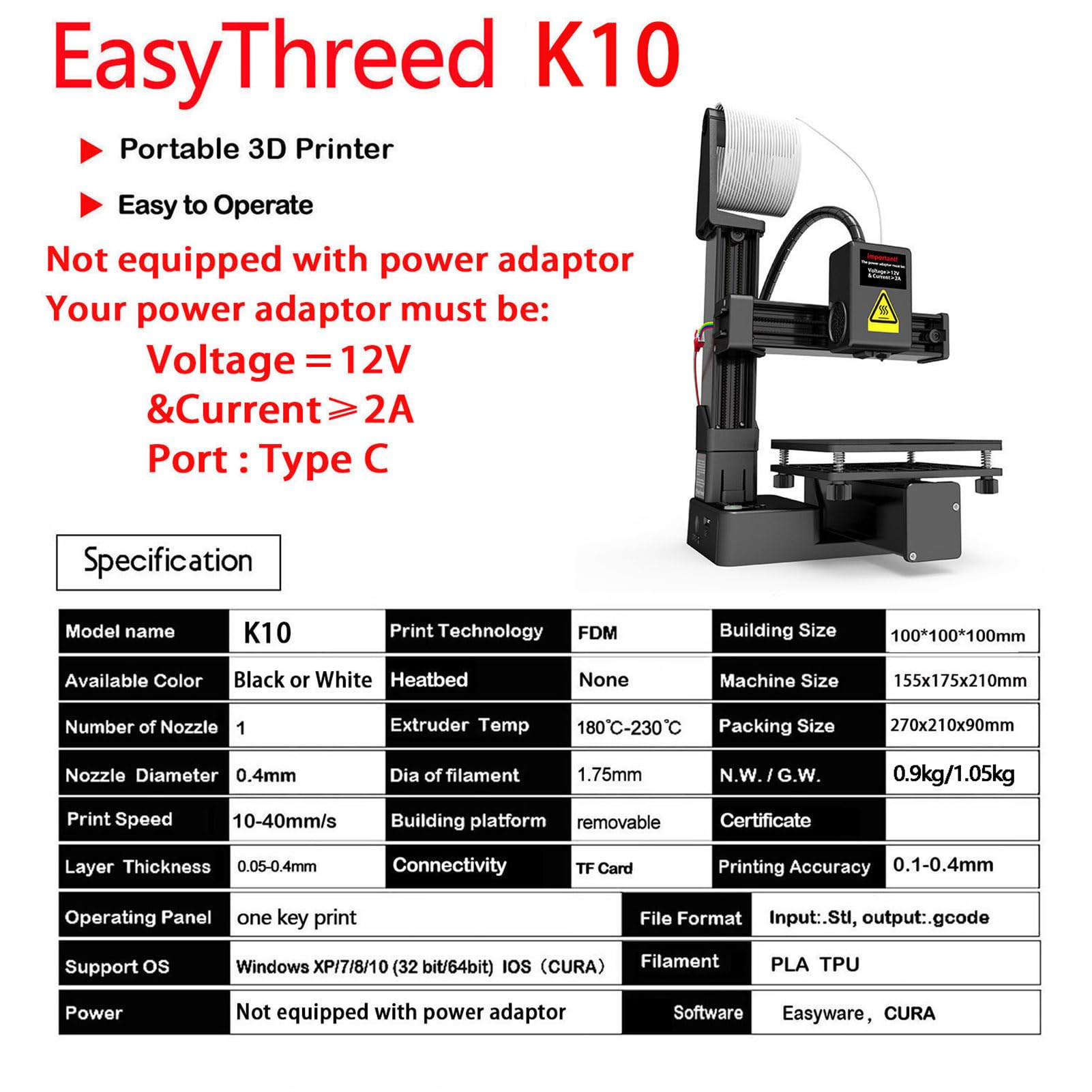 EasyThreed K10 Mini Stampante 3D Macchina da Stampa con Software Easyware per Hobbisti Formazione 100x100x100mm Dimensioni Costruttive Piattaforma Rimovibile Bianco (Nera)