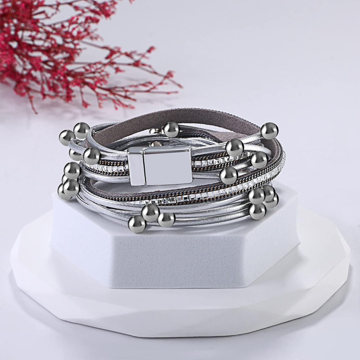 Bracelet Multicouche Bleu Avec Perles Brillantes - Corde Synthétique Et Alliage - Mode Femme