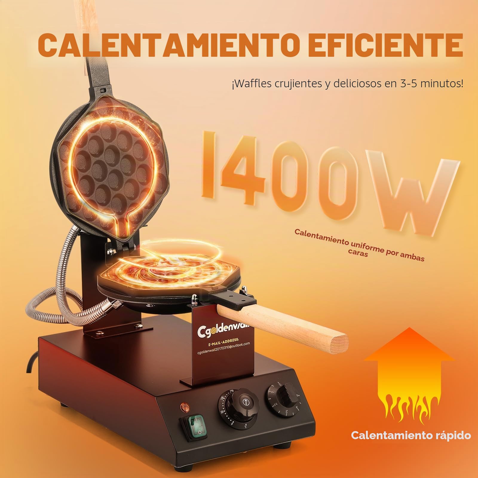 CGOLDENWALL Bubble Waffle Maker de Estilo de Hong Kong 1400W, Placa de Horneado Intercambiable y Antiadherente, Ajuste de Temperatura 0-250℃, para Cafetería/Postres/Restaurante - Incluye Recetas