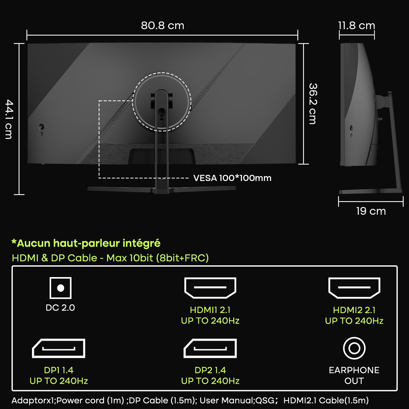 Amzfast Écran PC Gamer 34 Pouces 240Hz/UWQHD Moniteur Incurvé 3440x1440 (21:9), 450 nits, Eyes Care, sRGB 130%, Adaptive Sync, HDR400, HDMI 2.1x2, DP 1.4x2, VESA 75x75, PIP/PBP, AMZG34C5QPro