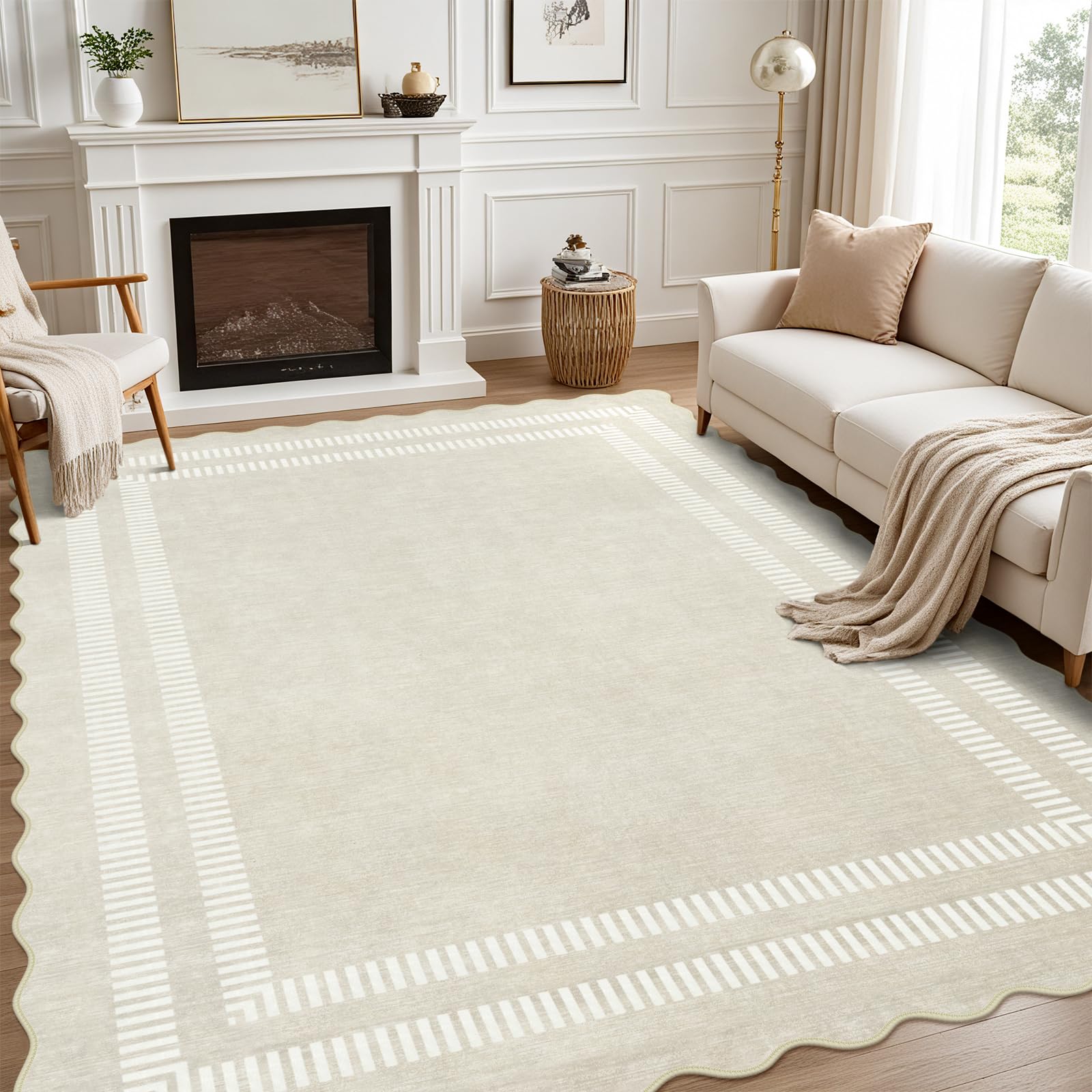 LORWER Solid Ivory Scalloped Rug 8x10