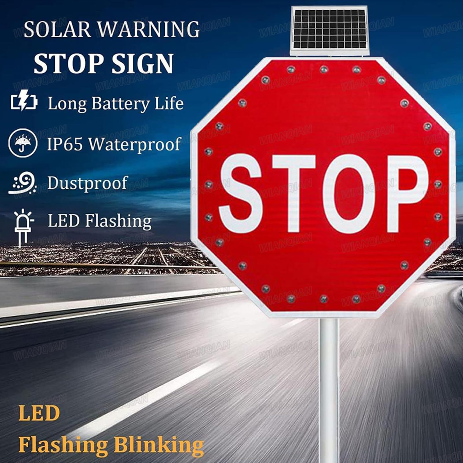 Cartel Stop LED Intermitente con Sensor Crepuscular | El sensor de luz puede activar el parpadeo del anochecer al amanecer; otra opción permite aviso continuo 24/7