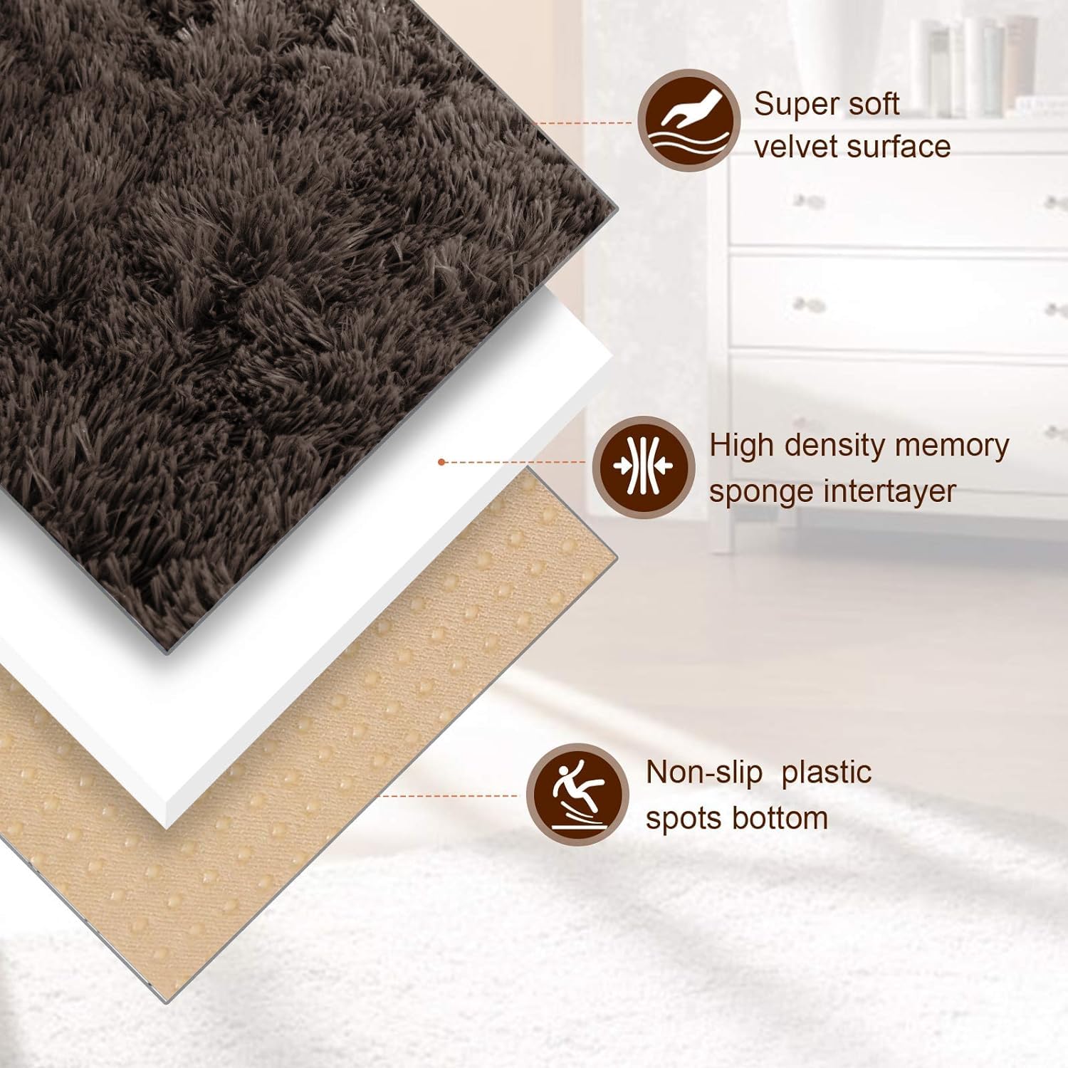 Oxford Homeware Rugs Living Room Small 50x80 cm, Fluffy Shaggy Brown Area Rugs for Bedroom Lounge - Image 2