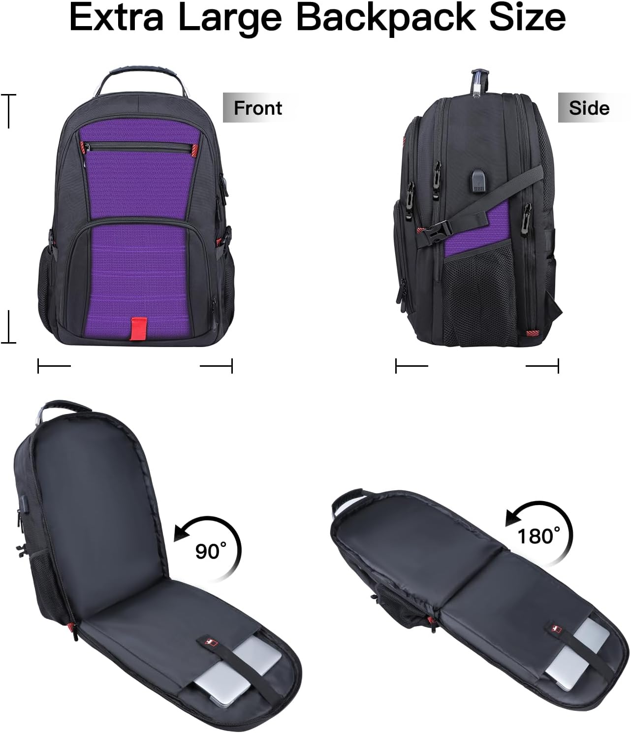 Extra Large Backpack, Travel Laptop Backpack, Sturdy TSA Water Resistant 17.3 Inch Carry on Backpacks with USB Port, Anti Theft Business Computer Backpacks Gifts for Men Women, Purple - Image 4
