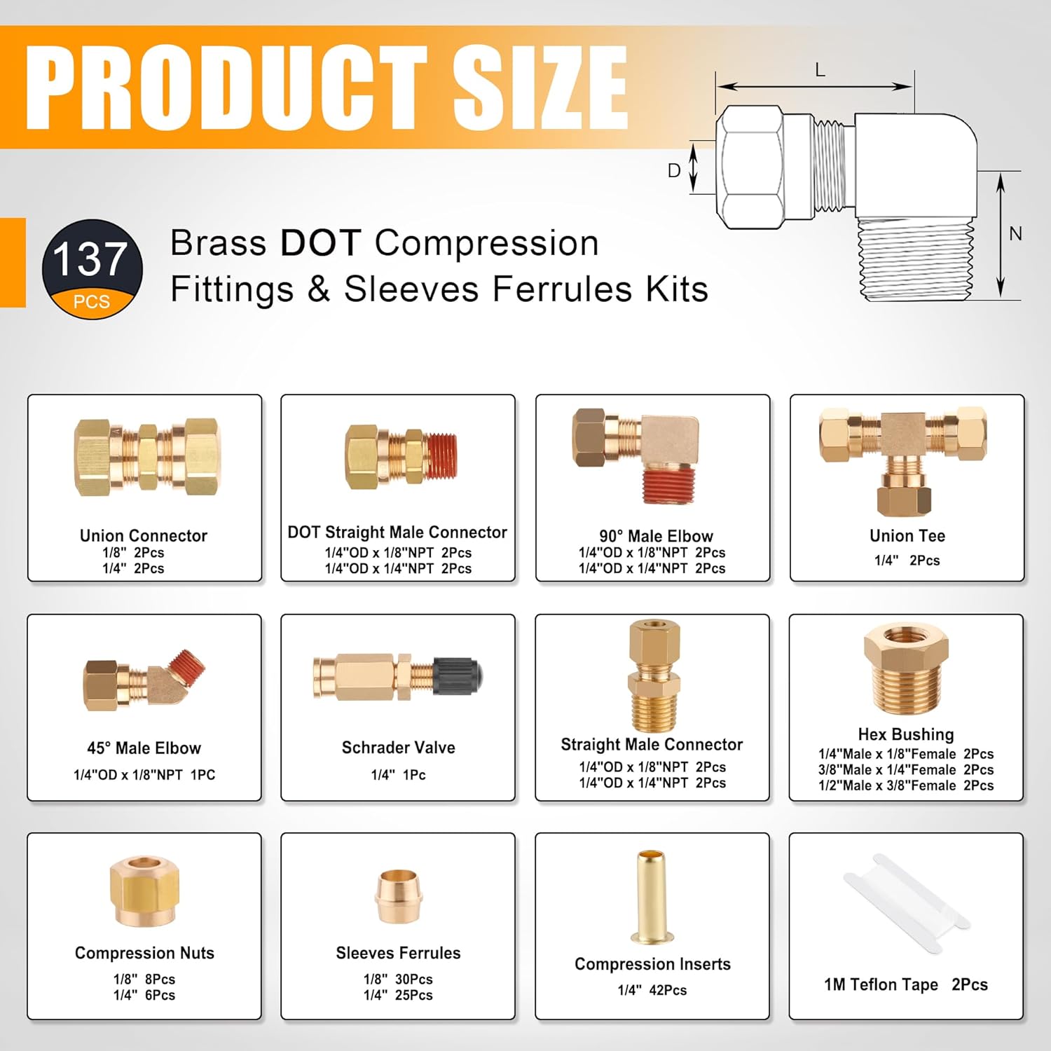137Pcs Brass DOT Air Brake Line Fittings Assortment Kit,1/4" 1/8" 3/8" 1/2" Compression Air Nylon Tubing Fitting Assortment Repair Kits for Truck or Industrial Air System