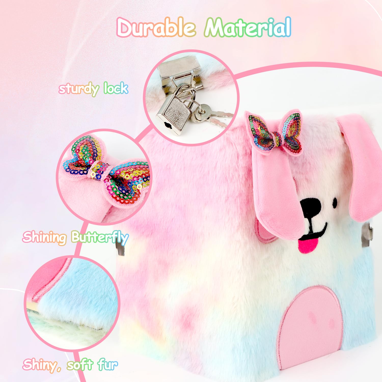 MOTIBACK Colourful Puppy Creative Password Fluffy Notebook,Tie-Dye Diary with Lock and Key for Writing and Drawing Fuzzy Secret Journal Gift for Kids Girls Christmas Stocking Stuffers(Colorful) - Image 3