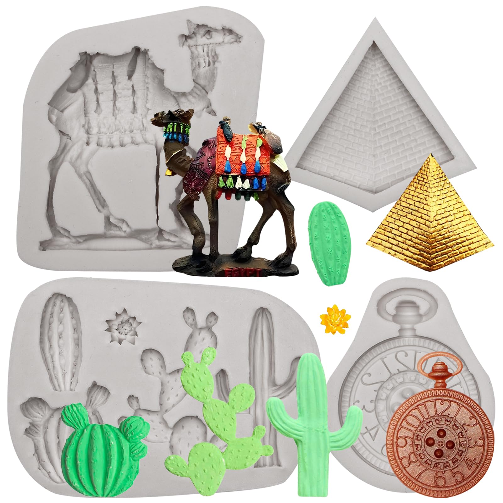 Wüstenkaktus-Silikonform, Wüstenmotiv-Silikonformen-Set mit Kamel-, Pyramiden- und Taschenuhr-Designs für die Dekoration von Schokoladenkuchen