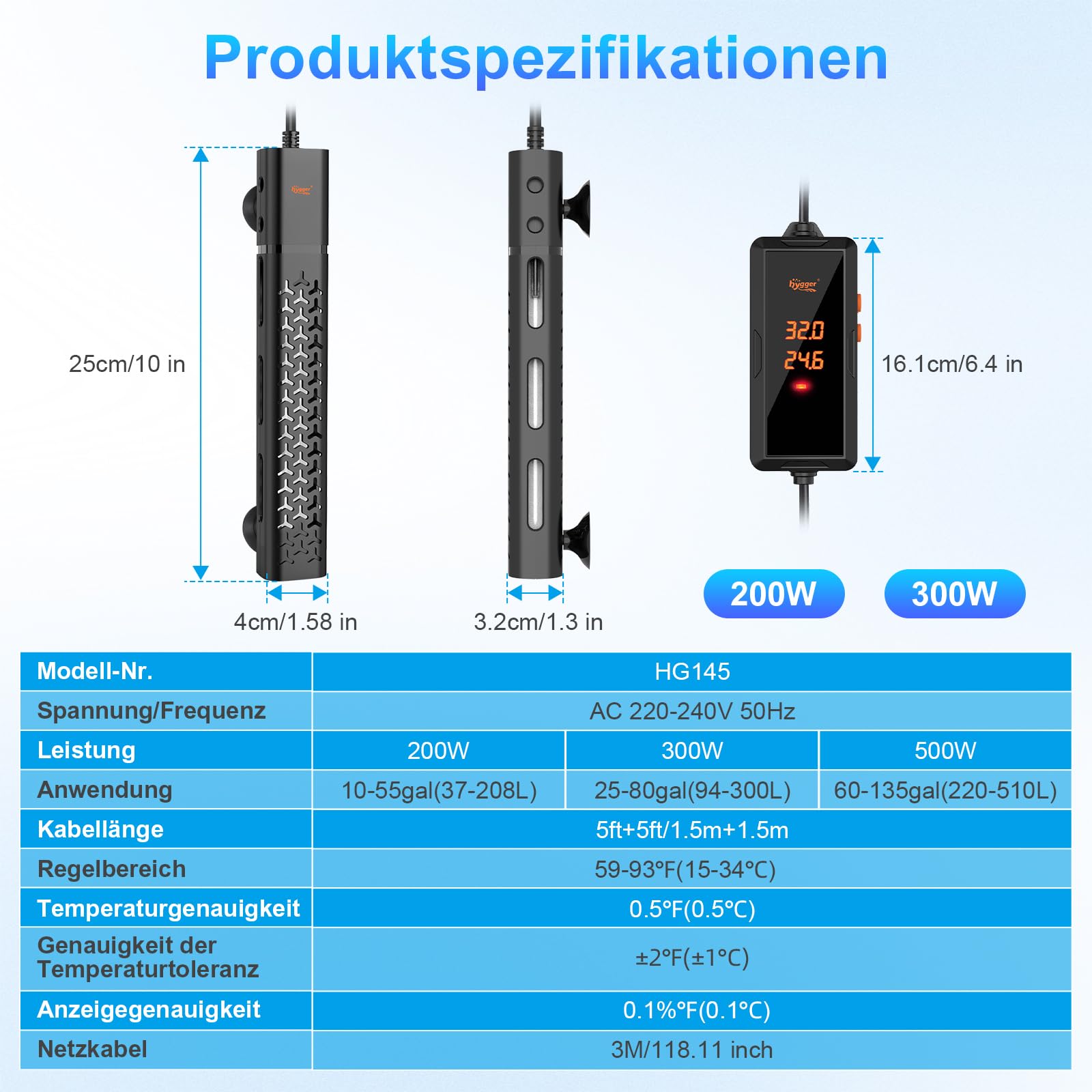 hygger Aquarium Heizung mit automatischer Abschaltung bei Wassermangel (200W für 75–151L) | Intelligente Temperaturregelung, tauchbarer Heizer für Fisch und Schildkrötenbecken, Süß & Salzwasser