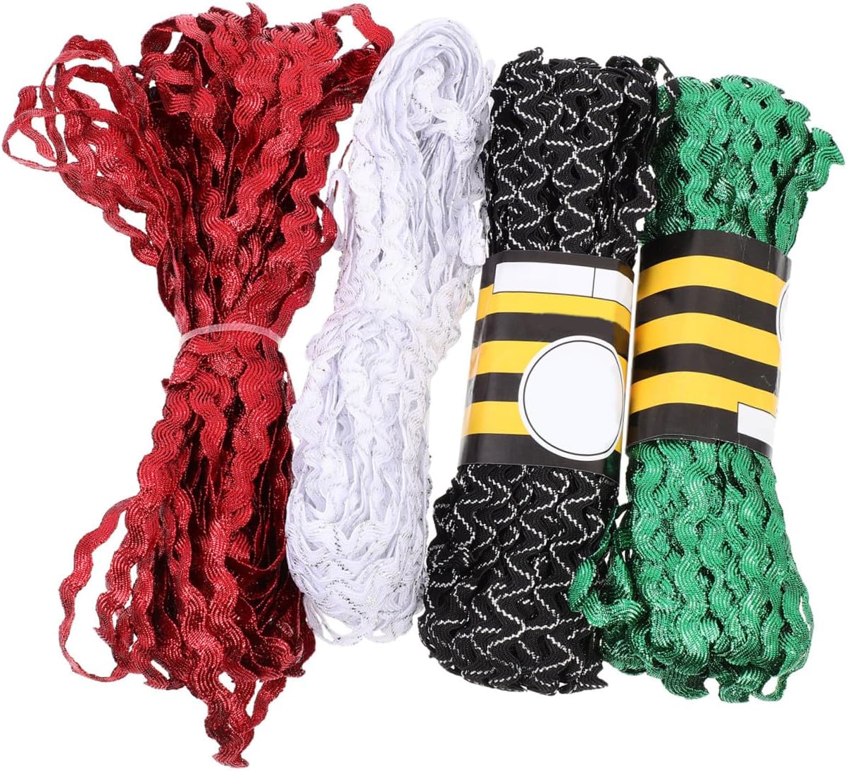 4 Rolls 5mm Rickrack Ribbon for DIY Crafts, Wave Bending Sewing Trim in Red Green White Black-White, Decorative Ribbon for Flower Making and Wrapping