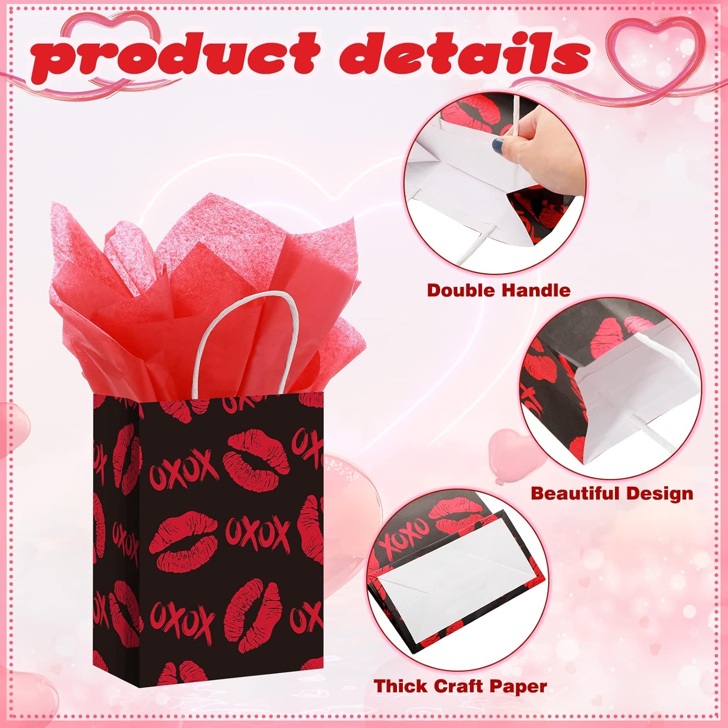 24 Pcs Valentines Day Gift Bag Valentines Kraft Paper Bags with Red Tissue Paper Heart Shaped Treat Goodies Bag Wrapping for Wedding Holiday Party Favor Decorations Kids Classroom Exchange Prizes