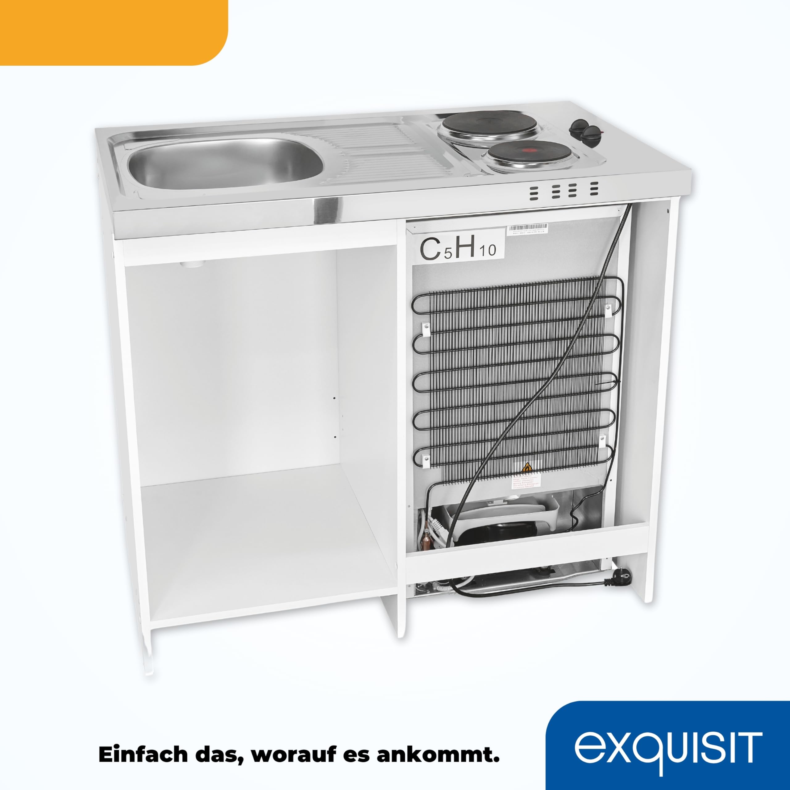 Exquisit Mini-Küche Pantry KK1085 weiss Kühlschrank 76 l Nutzinhalt Kochfeld Edelstahl-Spüle Spülschrank