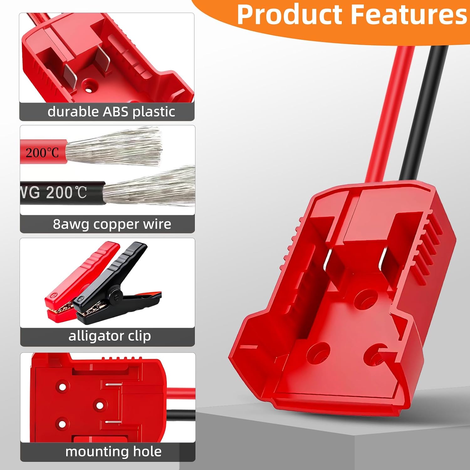 2.2FT 8AWG Flexible Silicone Cable Adapter with Alligator Clips,Compatible with Milwaukee M18, The Silicone Wire Heat-Resistant up to 392°F,The Clamps are Sturdy,No Switch, no Fuse