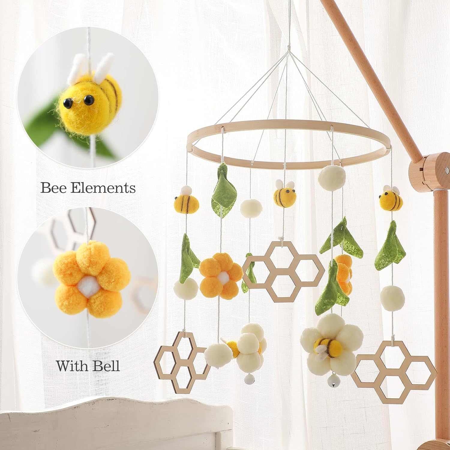Baby Crib Mobile Wooden Wind Chime Bed Bell,Neutral Baby Crib Mobile,Baby Mobile for Crib,Handmade Baby Mobile,Bee Baby Ceiling Mobile Baby Nursery Decoration (Bee-2)