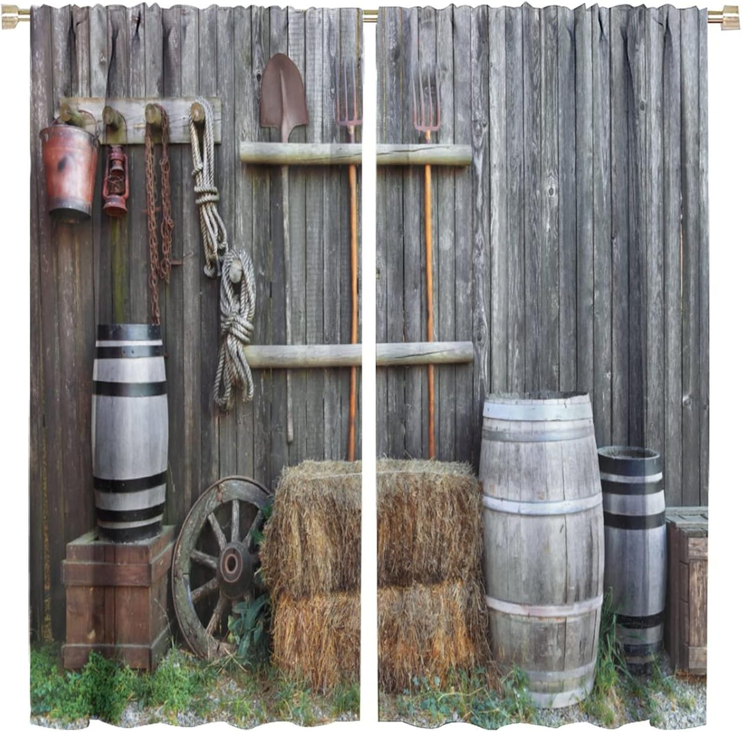 Western Country Curtains,Rustic Wooden Wood Wheel Vintage Farmhouse Style Room Darkening Door Window Rod Pocket Curtain for Living Room Bedroom Kitchen Decor W42xL45in