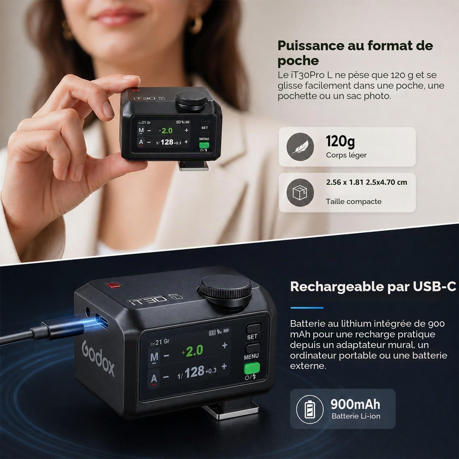 Godox iT30Pro-L iT30 Pro L Mini Flash TTL pour Appareil Photo Leica, GN15, 560 Éclairs, Recyclage 1,5 s, HSS 1/8000 s, Écran Tactile Couleur, USB-C, Système X 2,4 GHz