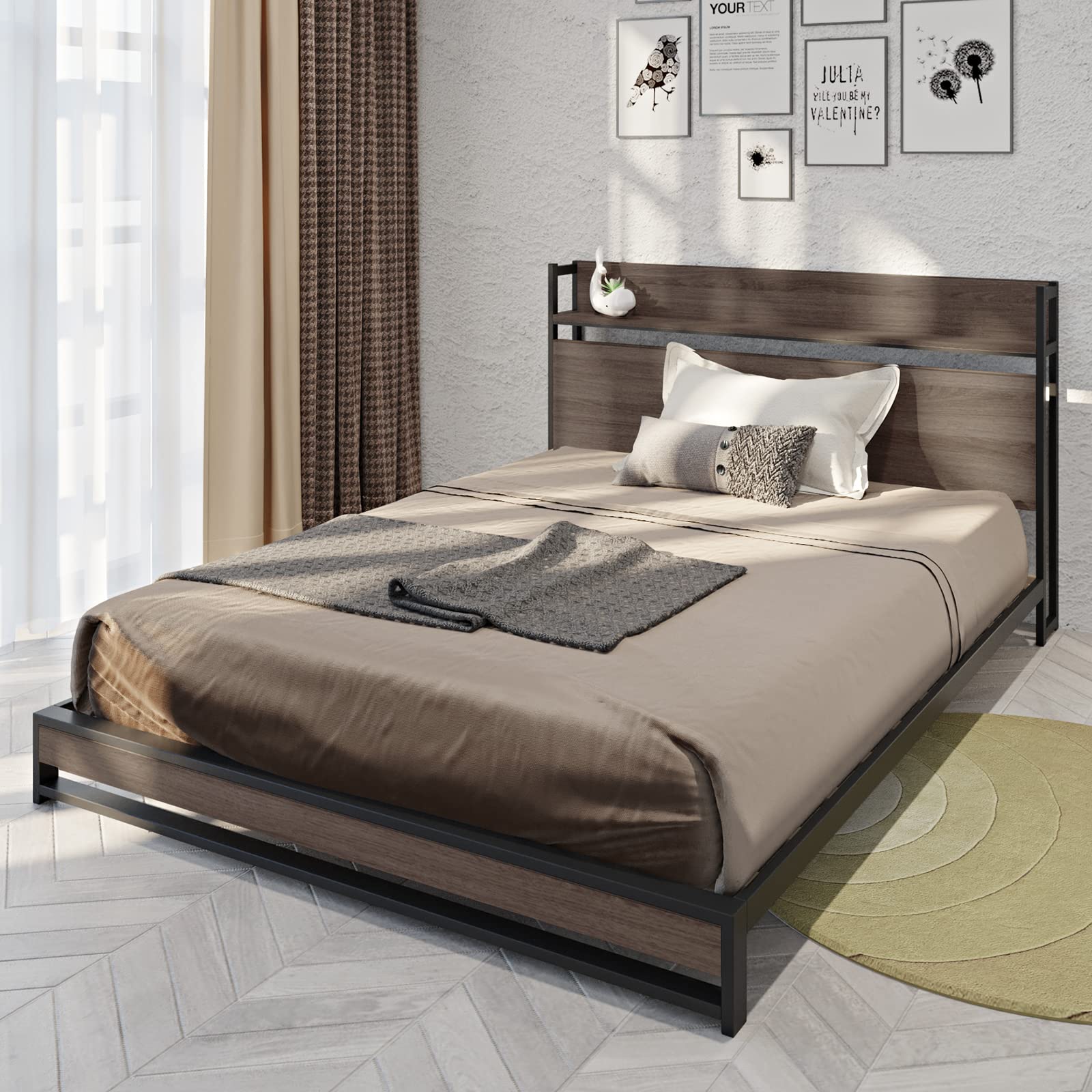 KIVENJAJA Queen Bed Frame with Headboard Shelf & Charging Station, Industrial Rustic Metal and Wood Platform Bedframe, No Box Spring Needed, Wood Slat Support, Black-Brown