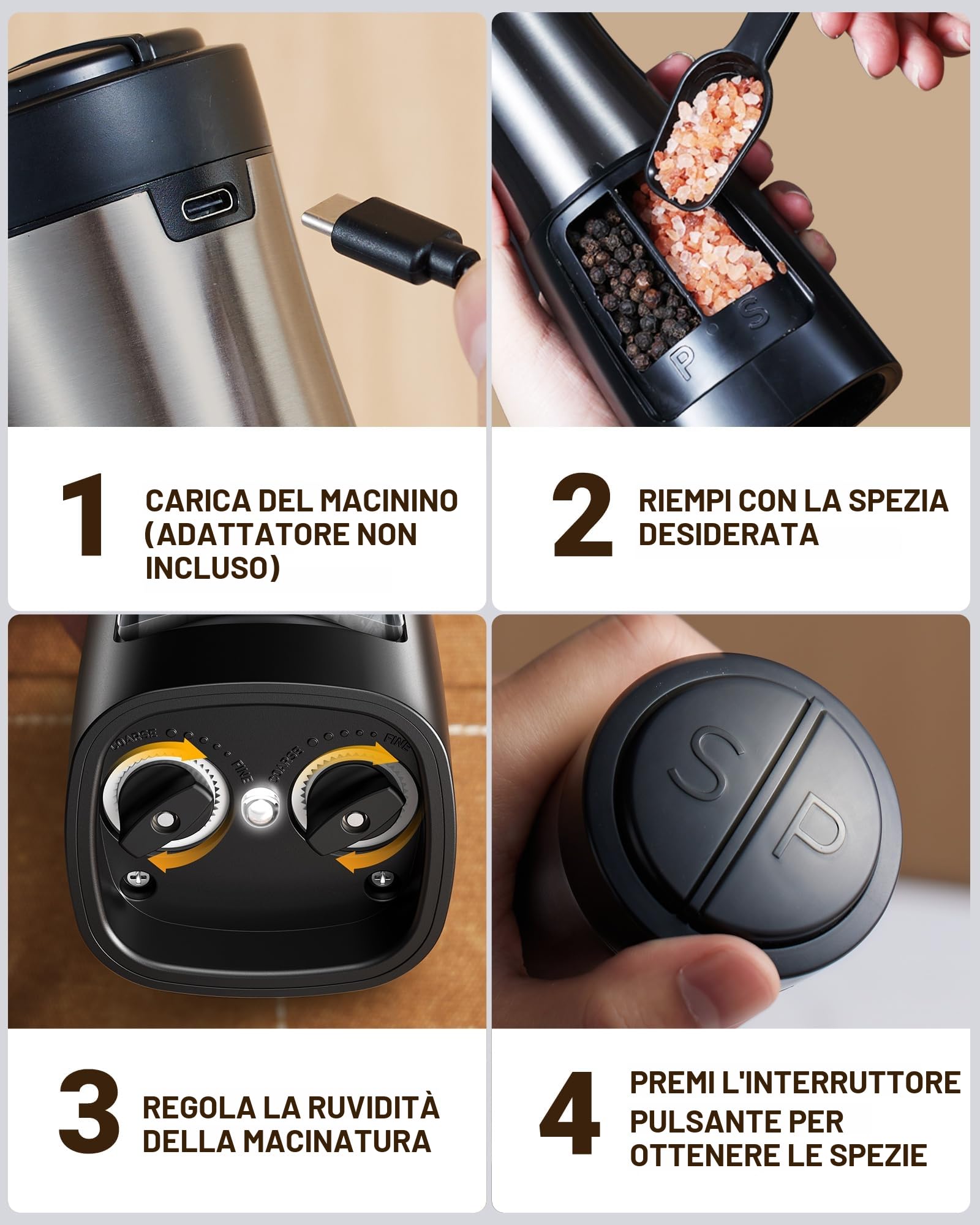 【USB Ricaricabile】Sangcon 2 in 1 Macina Sale e Pepe Elettrico, Funzionamento Automatico con una Sola Mano, Luce LED, Macinini in Ceramica Regolabili, Ricaricabile, Metallo Metallico
