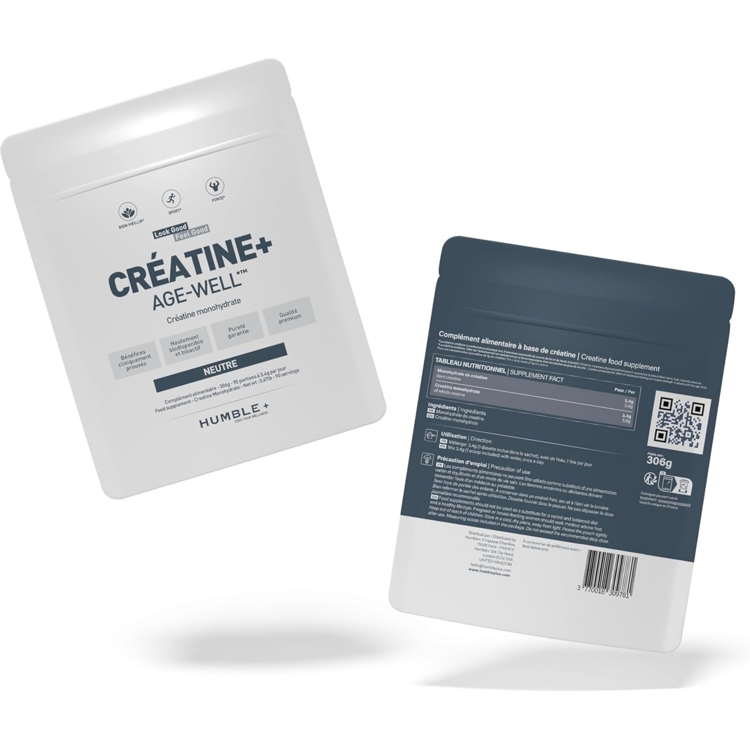 HUMBLE+ Créatine Monohydrate Age-Well® en Poudre (pureté 99,9%) - Supplément de Créatine Premium pour les Performances Physiques - Hautement Dosée - 306 g, 90 Portions - Marque Française