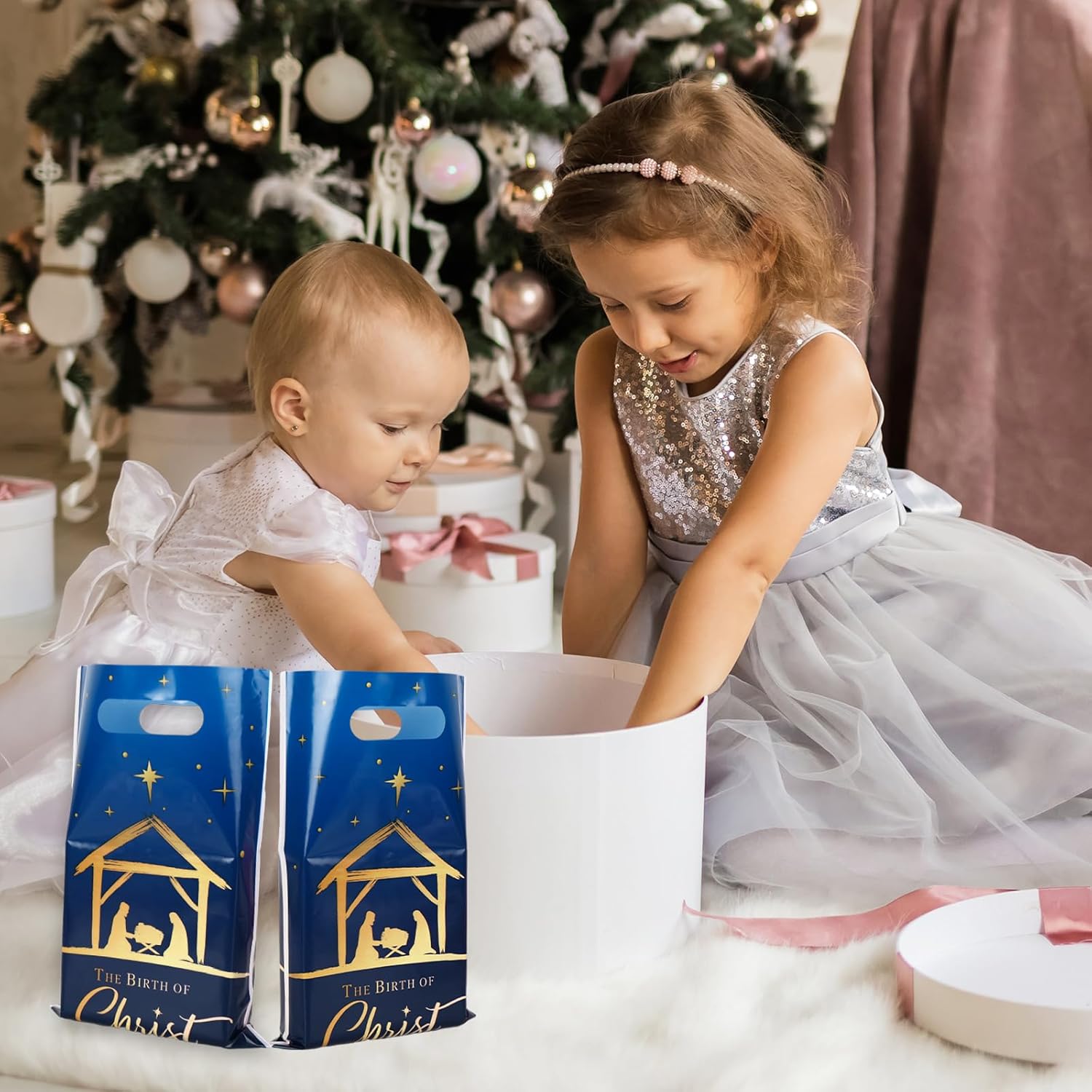 JarThenaAMCS 50Pcs Christmas Party Favor Bags Nativity Scene Treat Gift Bags with Handles Blue Plastic Candy Goodie Bags for Xmas Birthday Baby Shower - Image 5