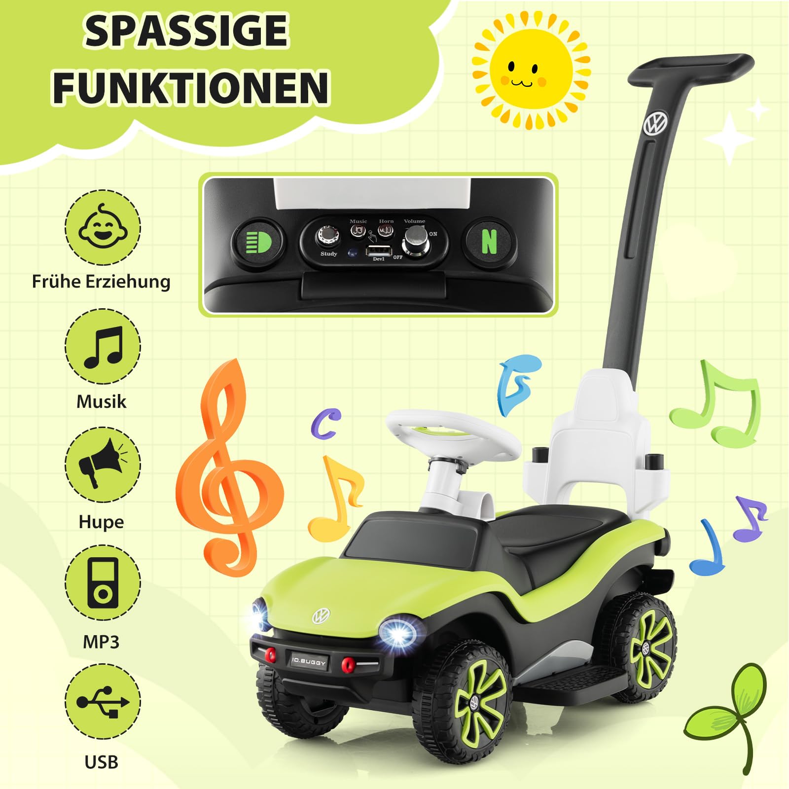 COSTWAY 3 in 1 Volkswagen Rutschauto, Schiebeauto mit verstellbarem Schiebegriff & Sonnendach, Rutschfahrzeug mit Musik & Hupe & Licht, Spielzeugauto für Kinder ab 1 Jahr