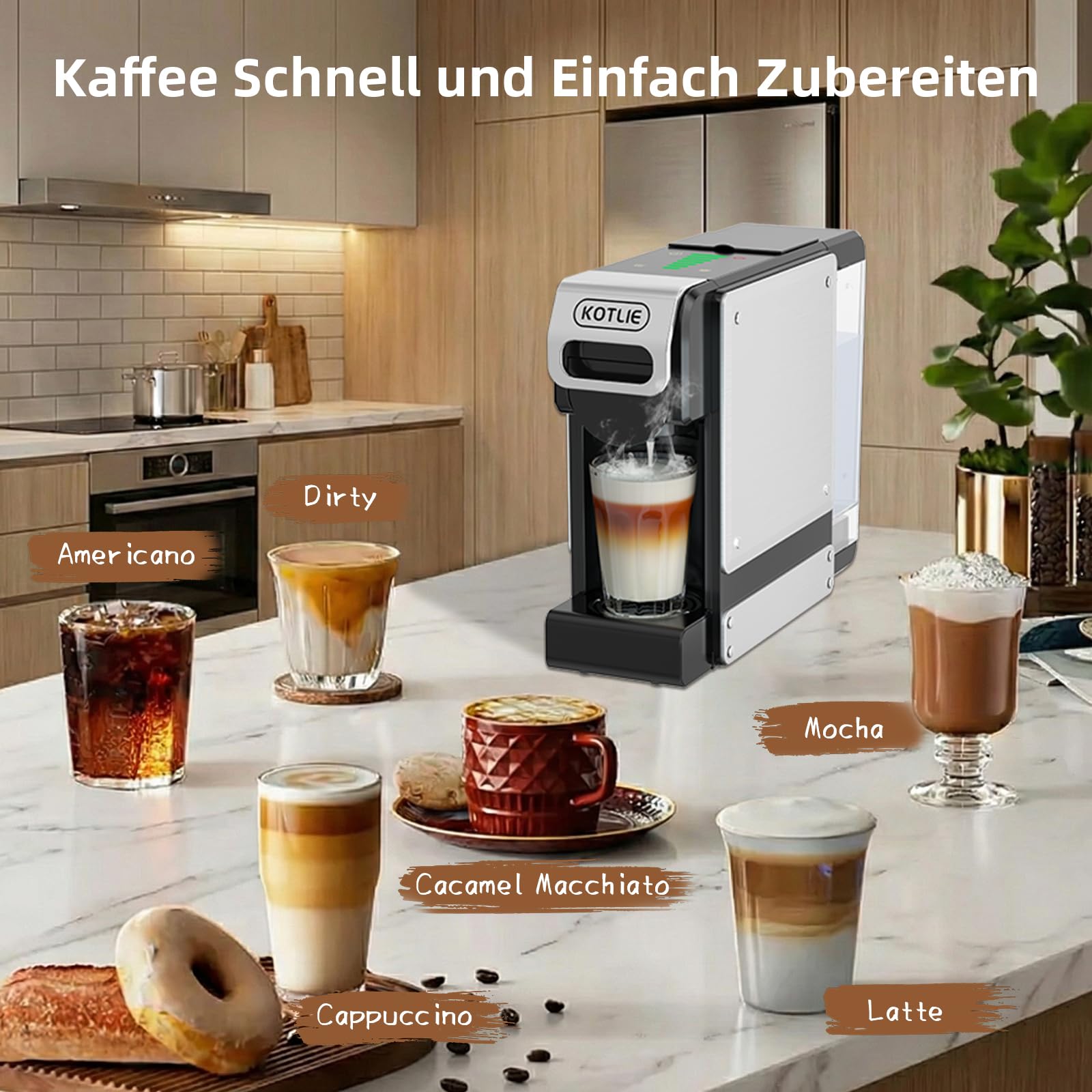 KOTLIE ST-550 Kapsel Kaffeemaschine, 4 in 1 Kapsel Kaffeemaschine für Nes Original/D*G/A MODO MIO und gemahlenen Kaffee, 7-stufige Wassermenge