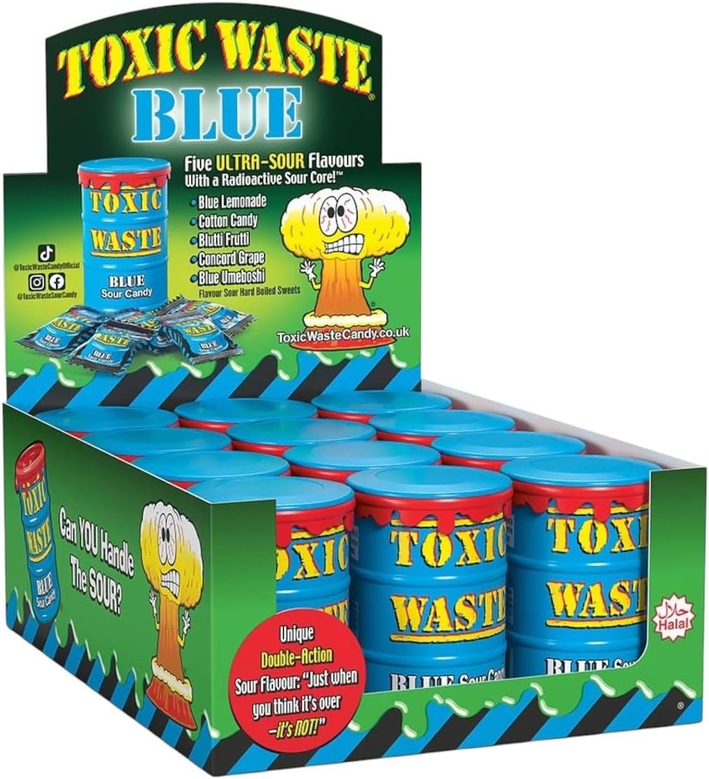 Toxic Waste Blue Drums Hazardously Sour Candy Sweets - 12x Drums: 5 Sour Flavours (Raspberry, Blueberry, Blackberry, Lemonade, Cotton Candy)