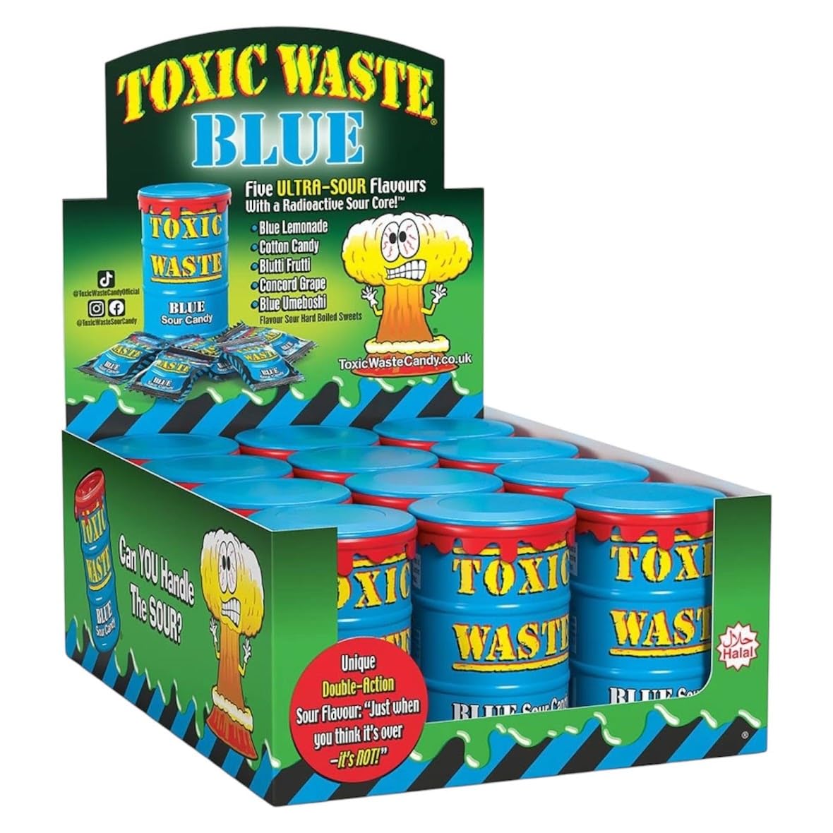 Toxic Waste Blue Drums Hazardously Sour Candy Sweets - 12x Drums: 5 Sour Flavours (Raspberry, Blueberry, Blackberry, Lemonade, Cotton Candy)