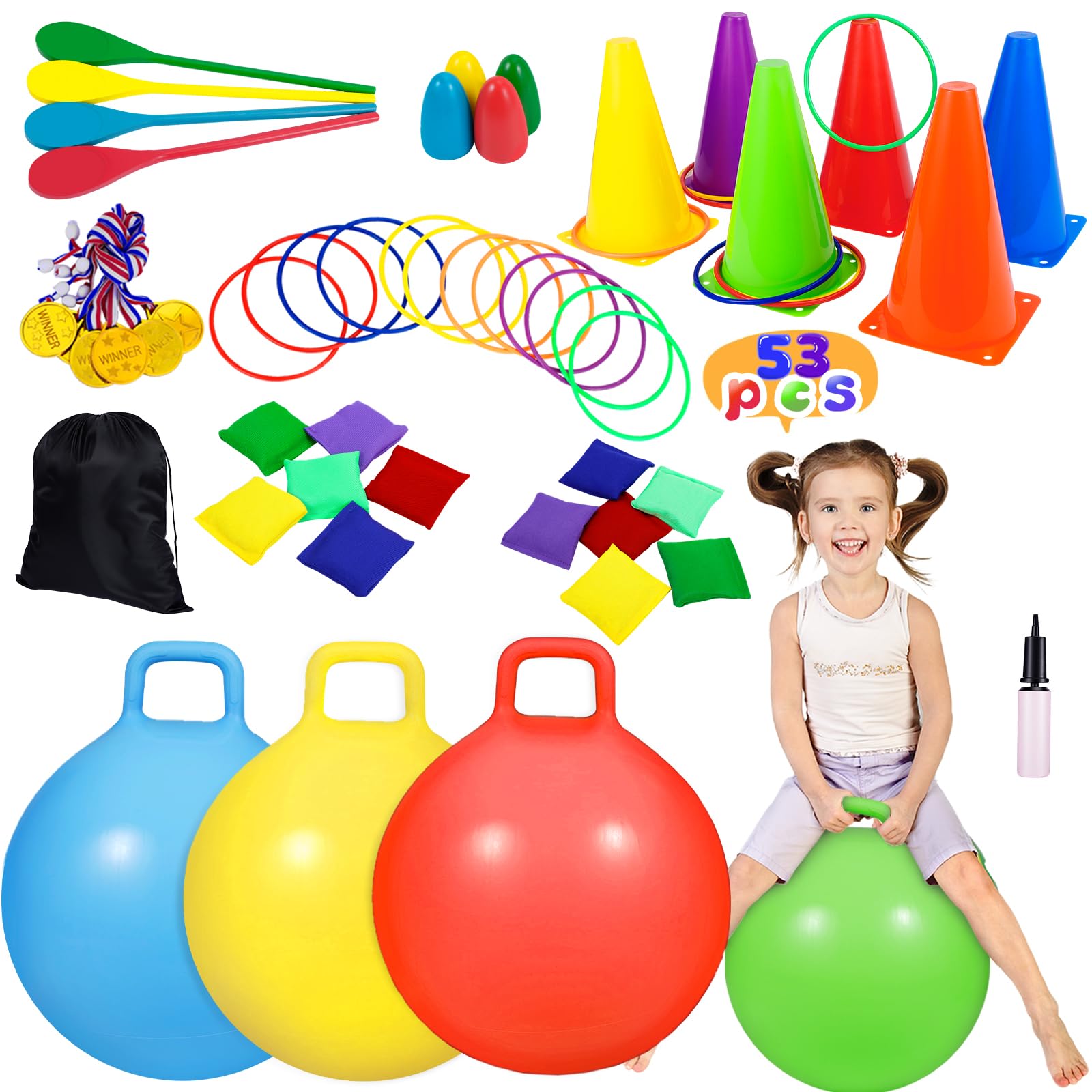 CWLAKON 53Pcs Carnival Outdoor Games Combo Set, Hopper Balls for Kids, Soft  Plastic Cones Bean Bags