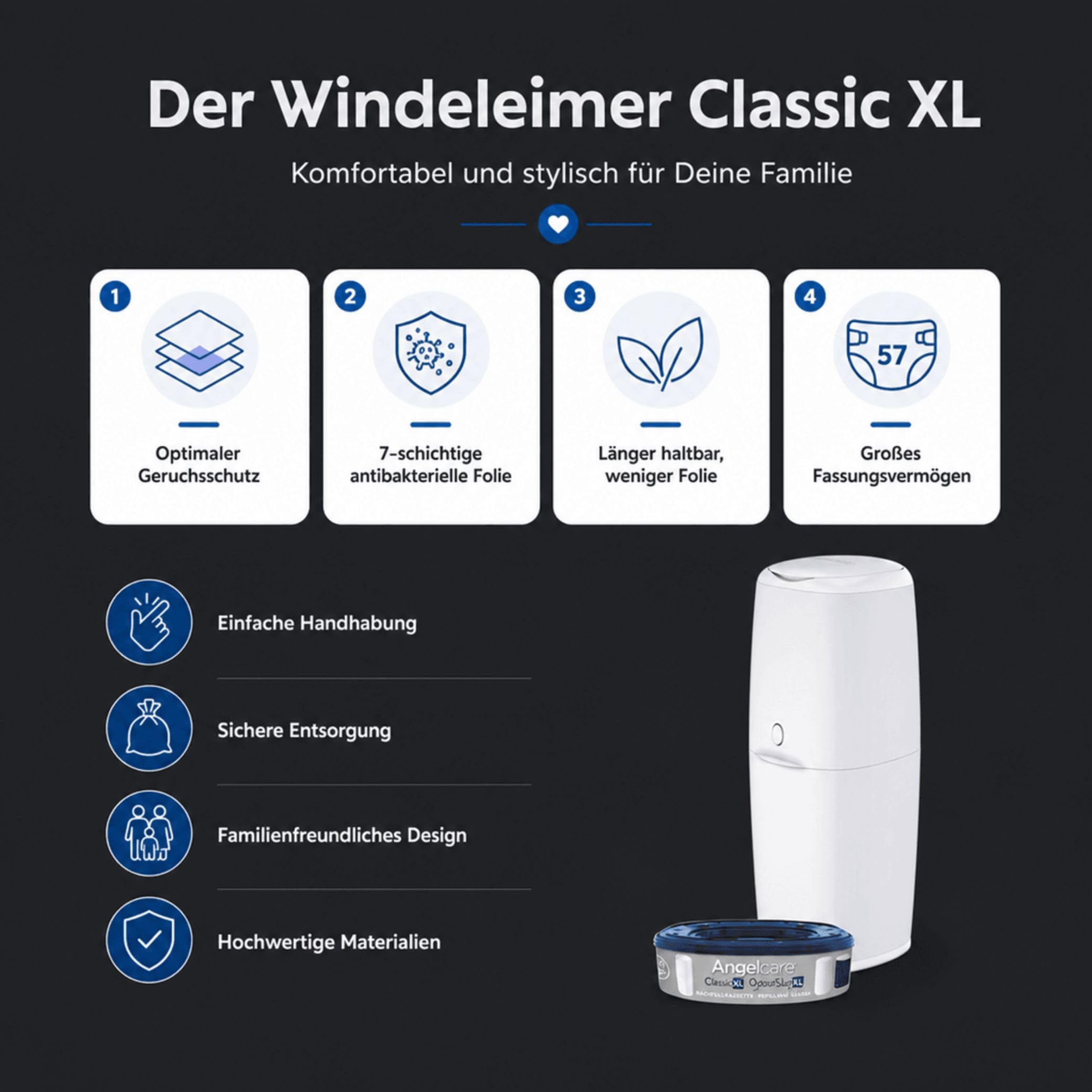 Kinderhaus Blaubär Angelcare Windeleimer Classic XL | komfortabel | Nachfüllkassette mit optimalen Geruchsschutz | 7-schichtige antibakterielle Folie | Fassungsvermögen bis zu 57 Windeln