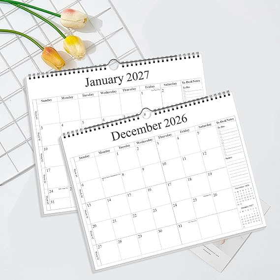 2026-2027 Calendar - Wall Calendar 2026-2027 from August 2026 - December 2027, 18 Months Calendar with Premium Paper, Twin-Wire Binding & Hanging Hook, 12 x 14.5, Black