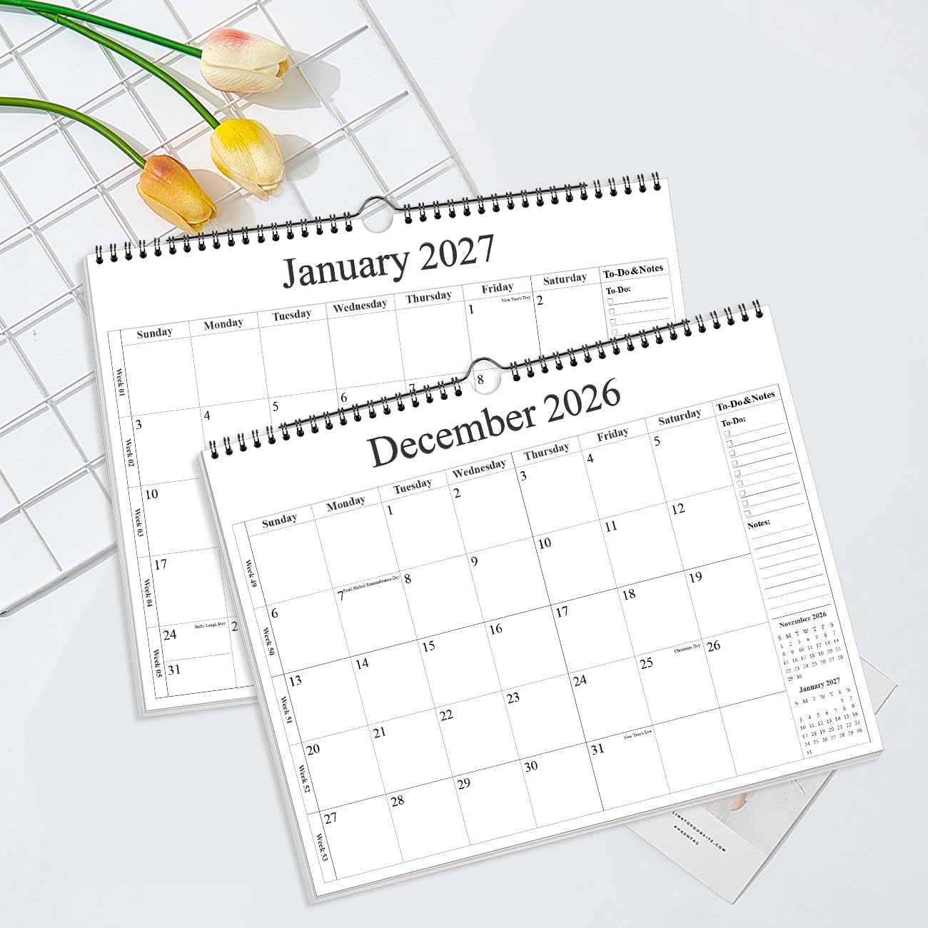 Kalender 2026-2027 - Wandkalender 2026-2027 von August 2026 - Dezember 2027, 18 Monate Kalender mit Premium-Papier, Doppeldrahtbindung & Aufhängehaken, 30,5 x 36,8 cm, Schwarz